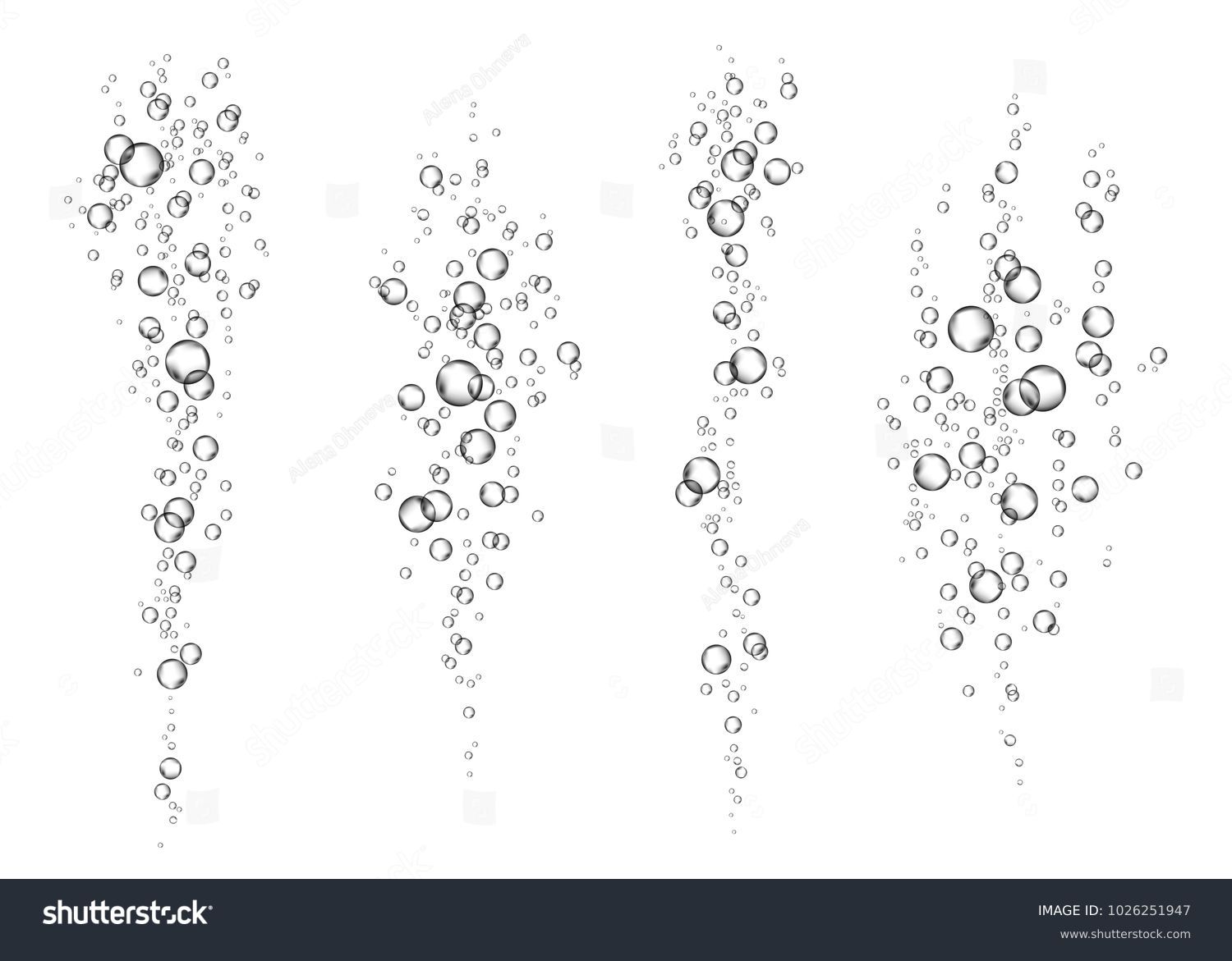  Underwater fizzing air bubbles  stream on white  background. Fizzy sparkles in water, sea, aquarium. Soda pop. Champagne. Effervescent drink. Undersea vector texture. #1026251947