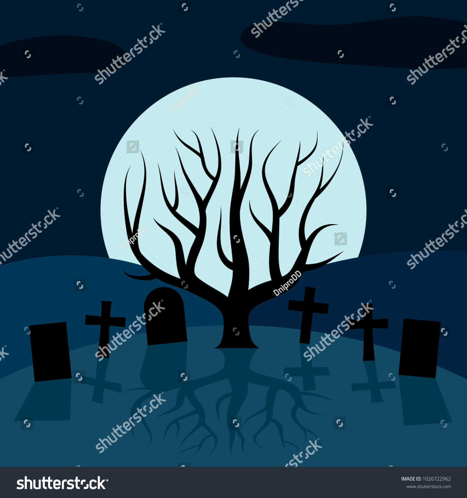 A lonely tree in the cemetery at night in front of the Moon. Background for Halloween
 #1026722962