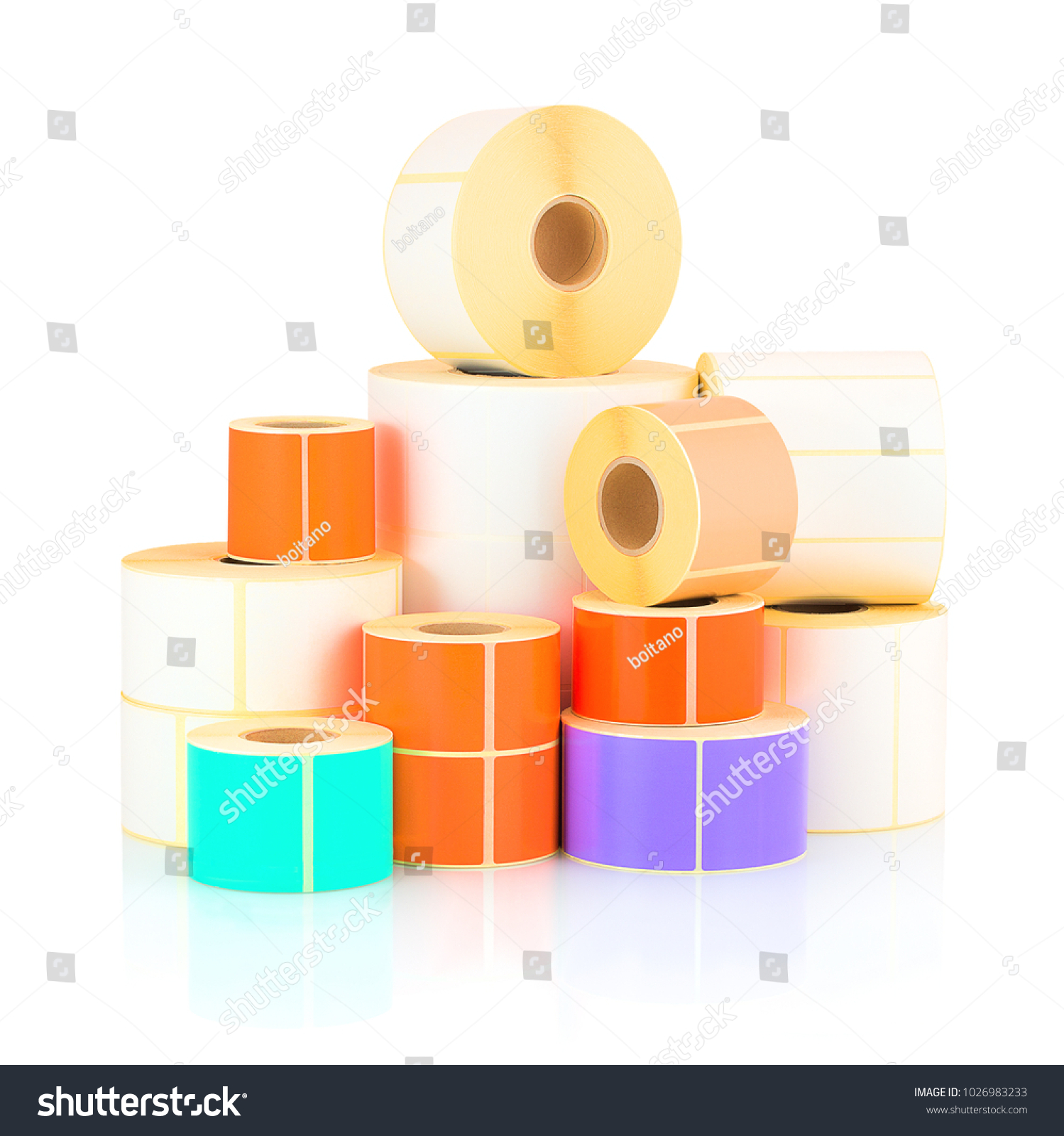 White and colored label rolls isolated on white background with shadow reflection. Color reels of labels for printers. Labels for direct thermal or thermal transfer printing. #1026983233