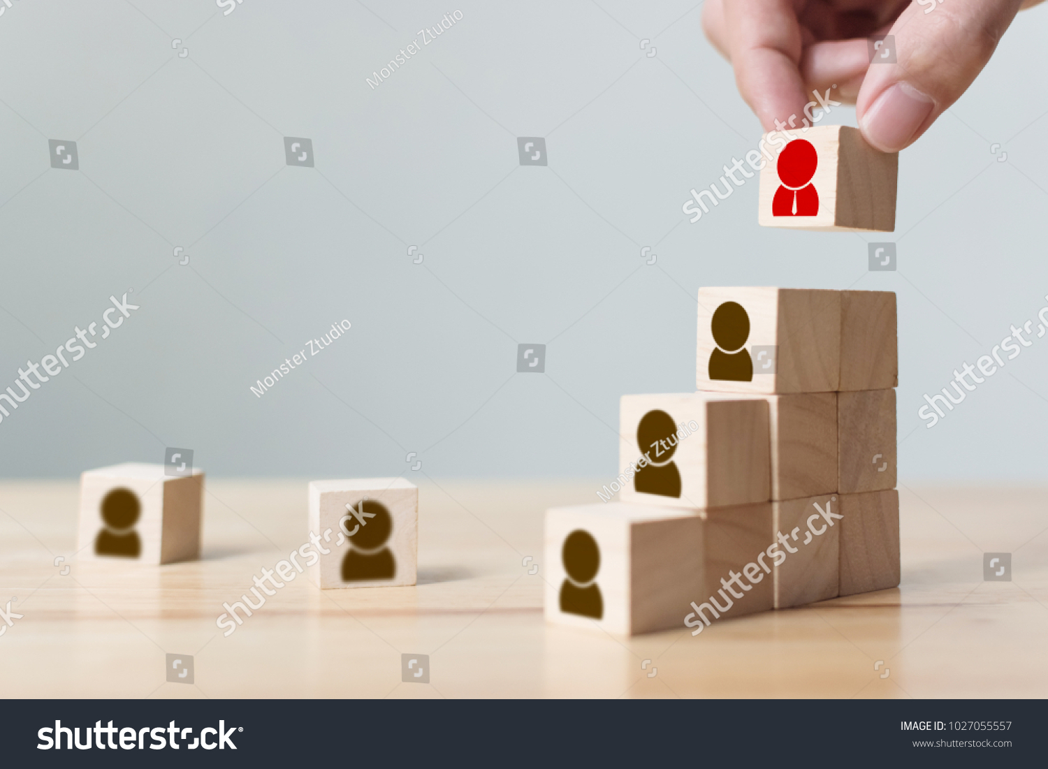 Human resources and talent management and recruitment business concept, Hand putting wood cube block on top staircase, Copy space #1027055557