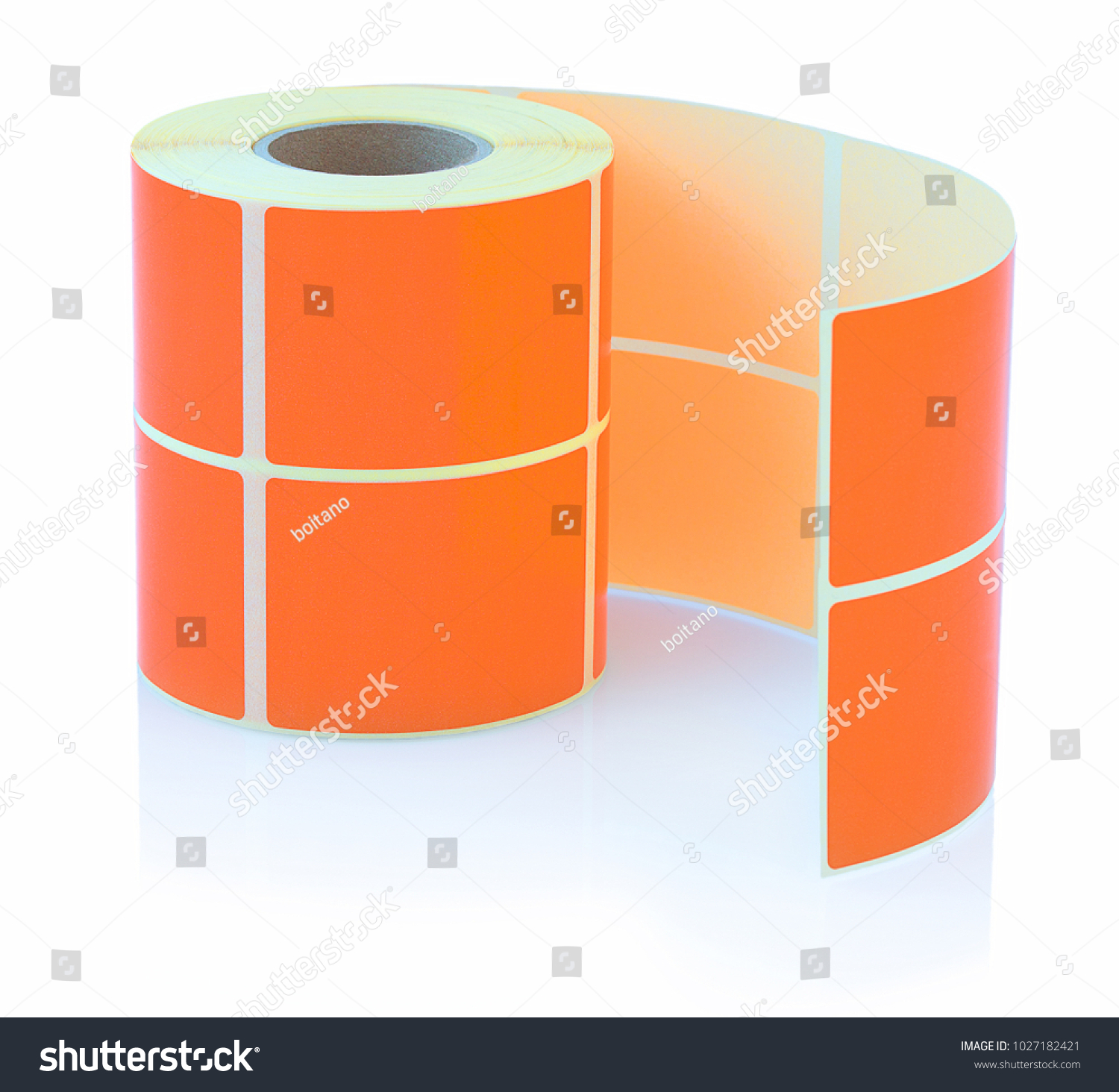 Orange label roll isolated on white background with shadow reflection. Color reel of labels for printers. Labels for direct thermal or thermal transfer printing. #1027182421
