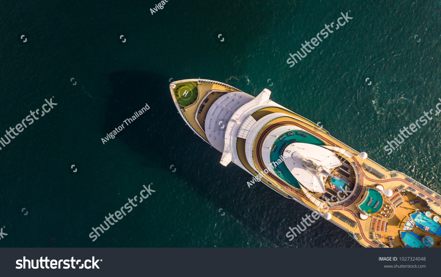 Aerial view large cruise ship at sea, Passenger cruise ship vessel, sailing across the Gulf of Thailand. #1027324048
