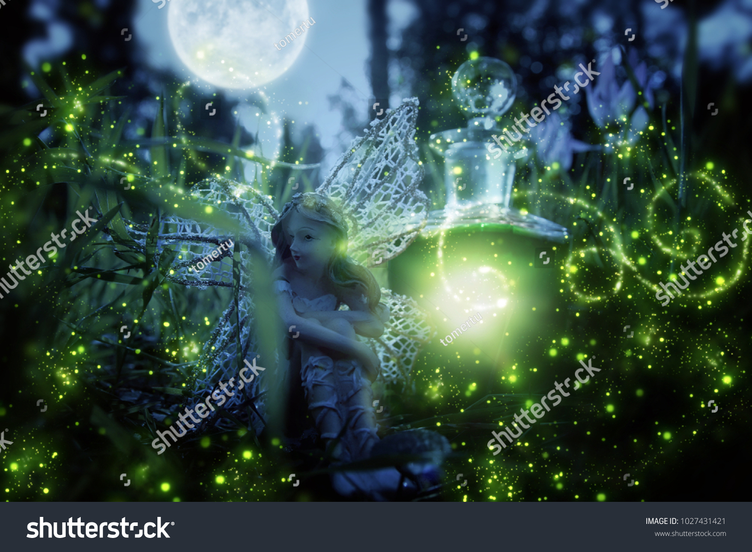 image of magical little fairy sitting in the night forest #1027431421