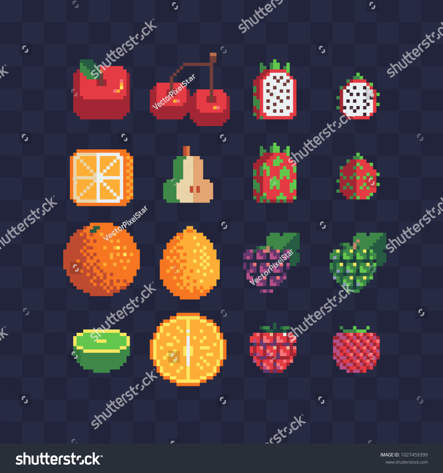 Fruits Pixel Art Icons Set Orange Lemon Royalty Free Stock Vector 1027459399 7224