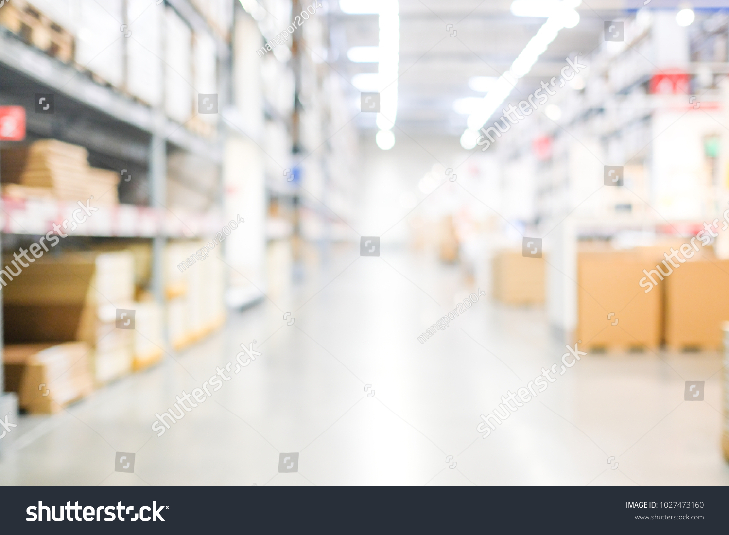 Blur warehouse background, Blurred store factory, industry warehouse space and hardware box for delivery with bokeh light background, business logistic distribution storage cargo concept #1027473160