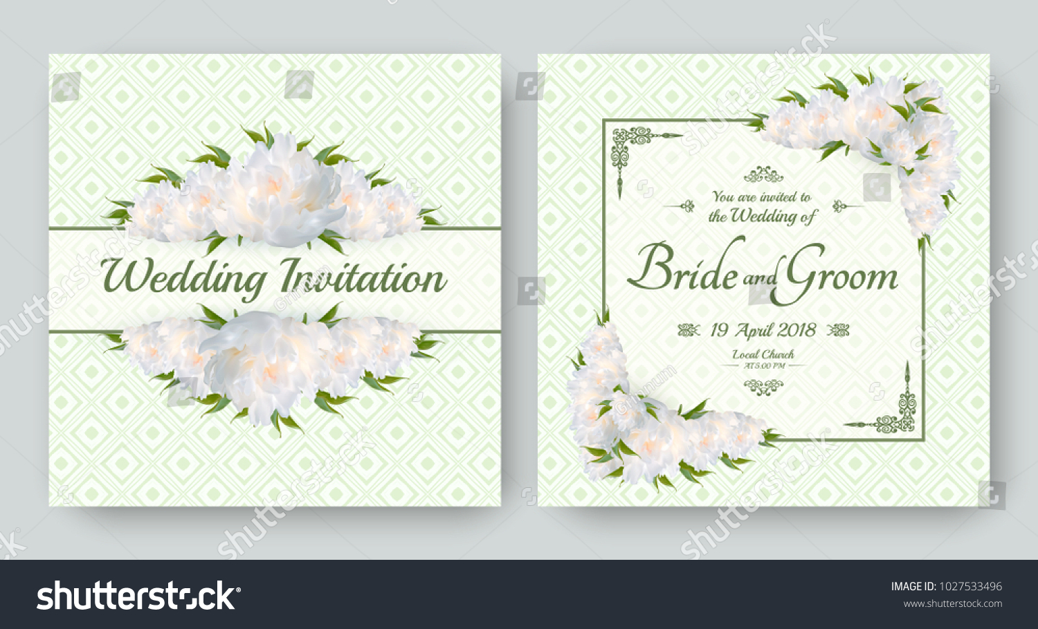 Wedding invitation with flowers of realistic white peony. Floral vector card set for bridal shower, save the date and other marriage celebration. Spring motive. #1027533496