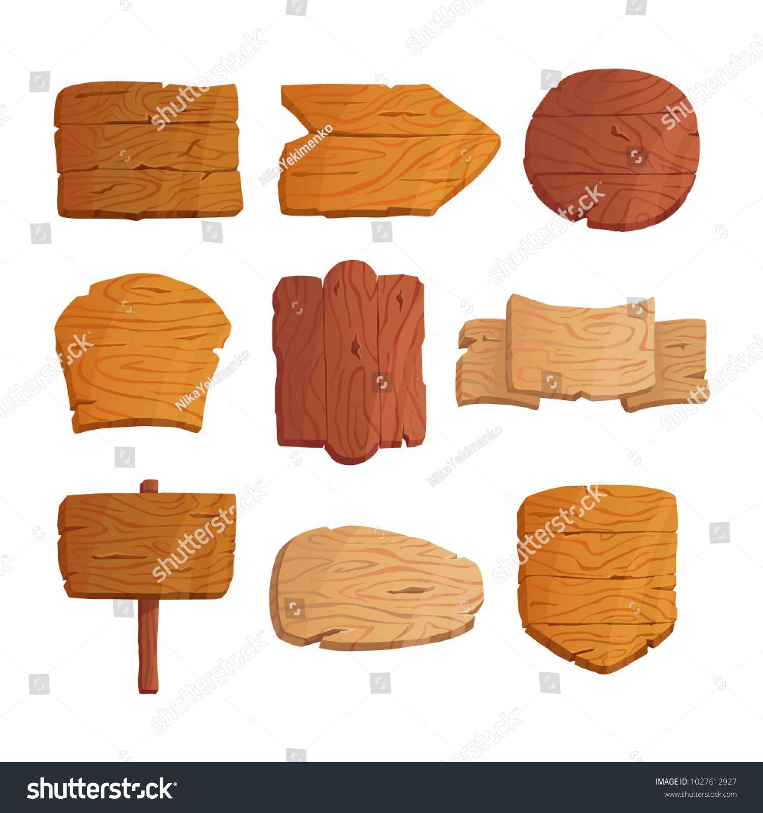 Cartoon wooden planks,wooden blank, banners and ribbons. Western wooden sings vector set. Vintage or old sings. Banners for messages or pointers for path finding. #1027612927