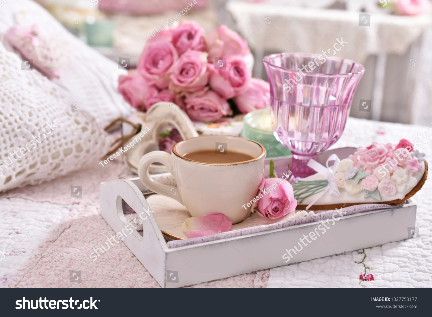 romantic coffee served to bed with bunch of pink roses in shabby chic style interior #1027753177