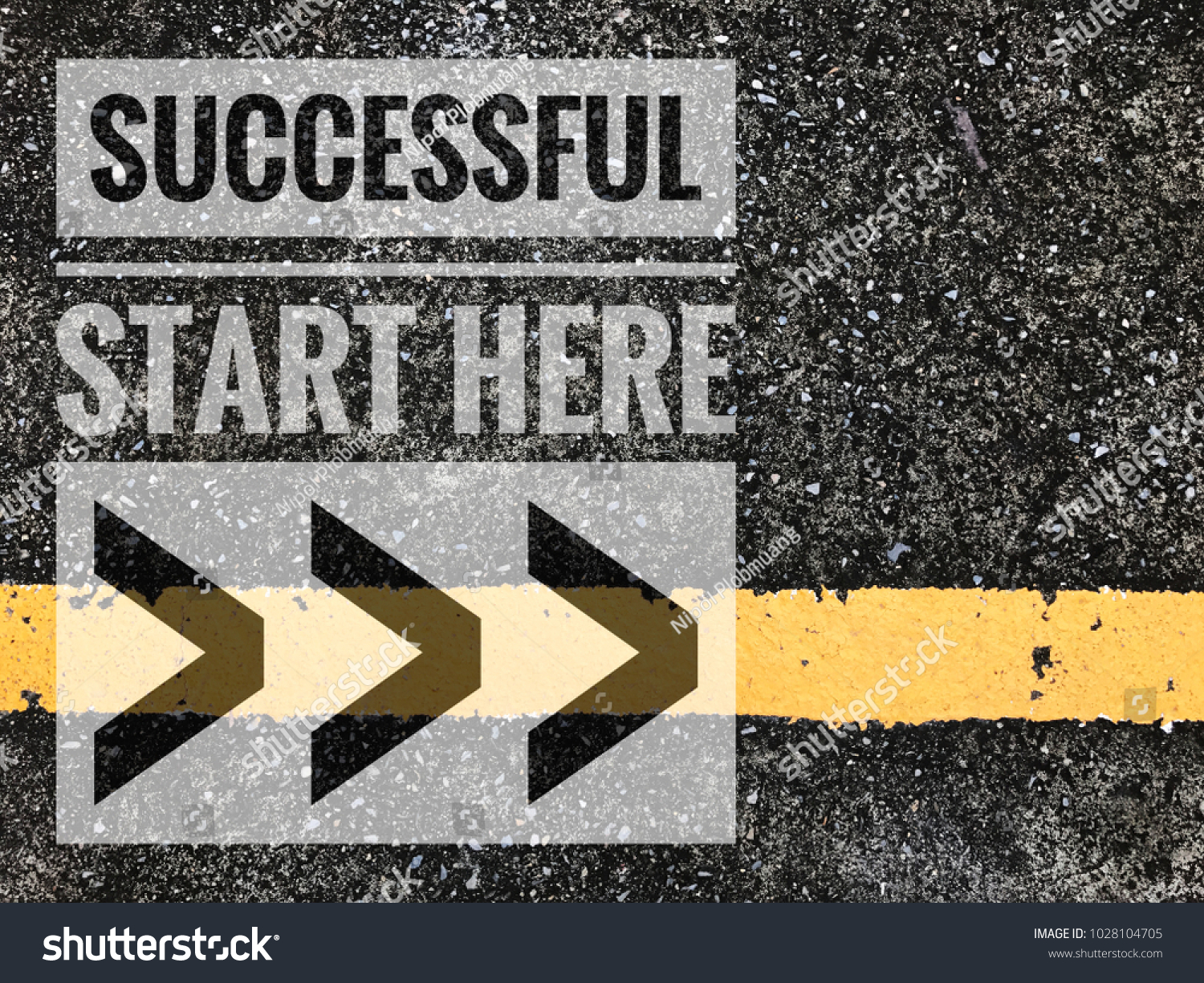 Successful start here words on Yellow line with asphalt road texture background. #1028104705