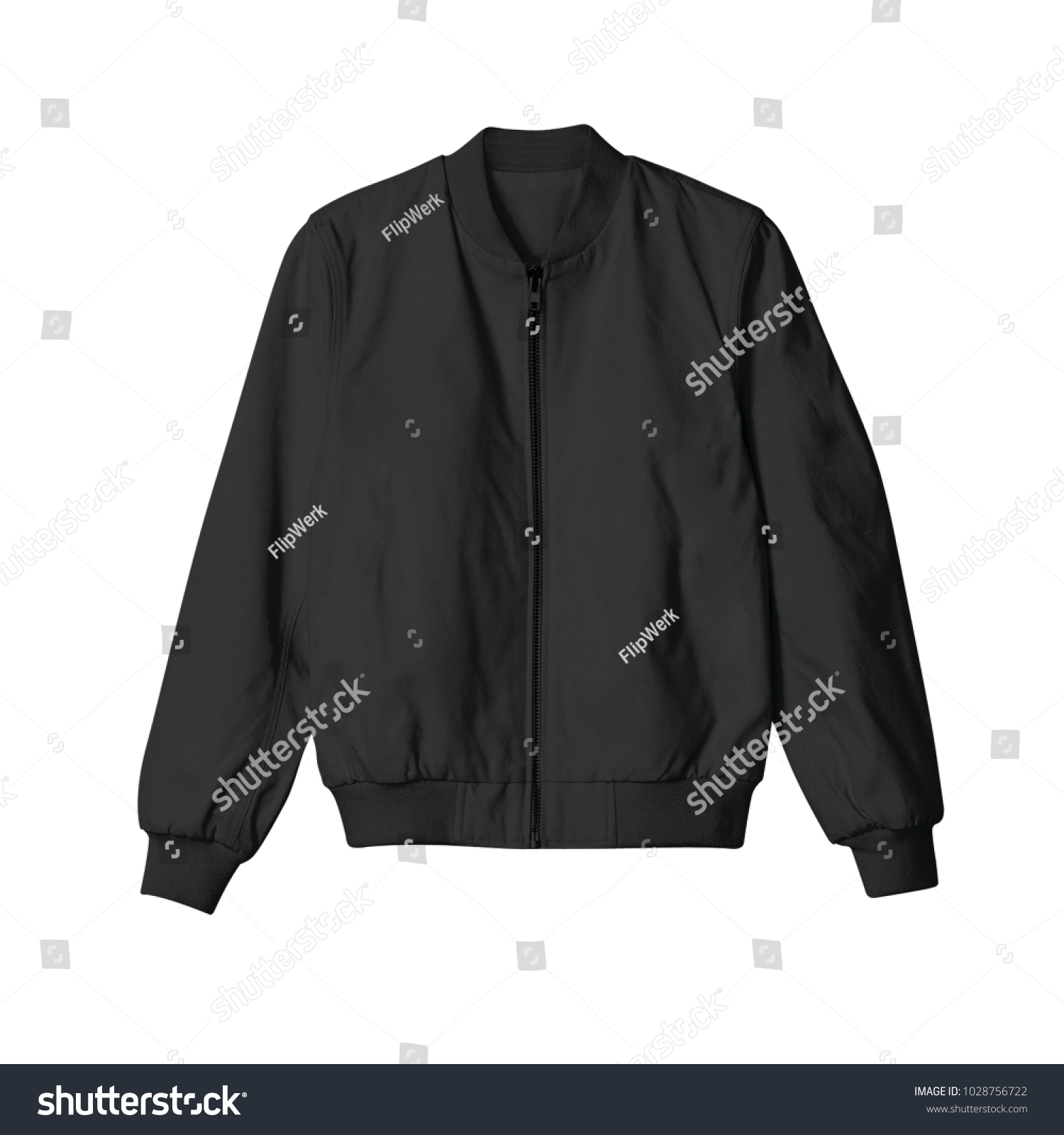 blank jacket bomber black color in front view for mockup template on white background isolated #1028756722