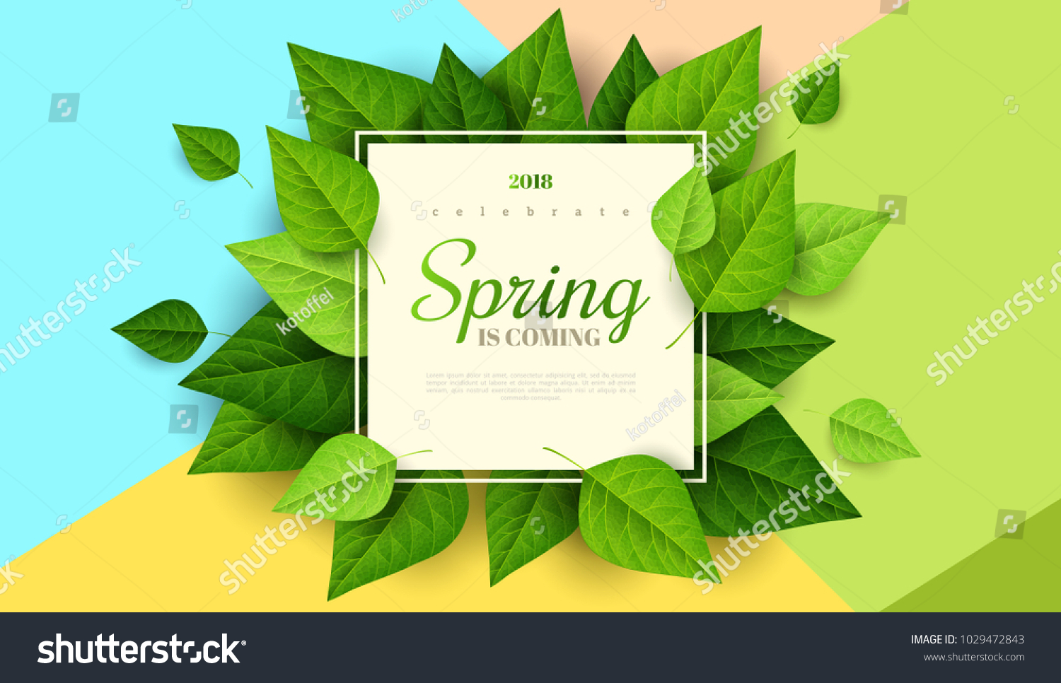 Spring background with green leaves and square frame on trendy geometric backdrop. Vector illustration. Fresh template design for posters, flyers, brochures or vouchers. #1029472843