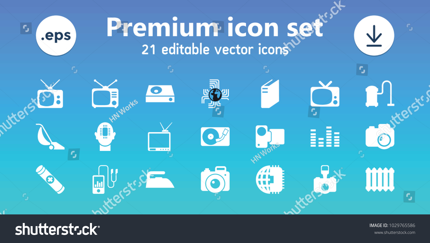 Electronics icons. set of 21 editable filled electronics icons includes iron, vacuum cleaner, cpu planet, tv, tv, dvd player, equalizer, camera, radiator, cpu, cpu in head #1029765586