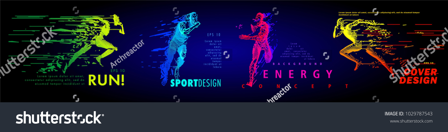 Art concept of a running man. Vector drawn by color lines. Minimal cover design. Creative line-art set. Vector template brochures, flyers, presentations, logo, print, leaflet, banners. #1029787543