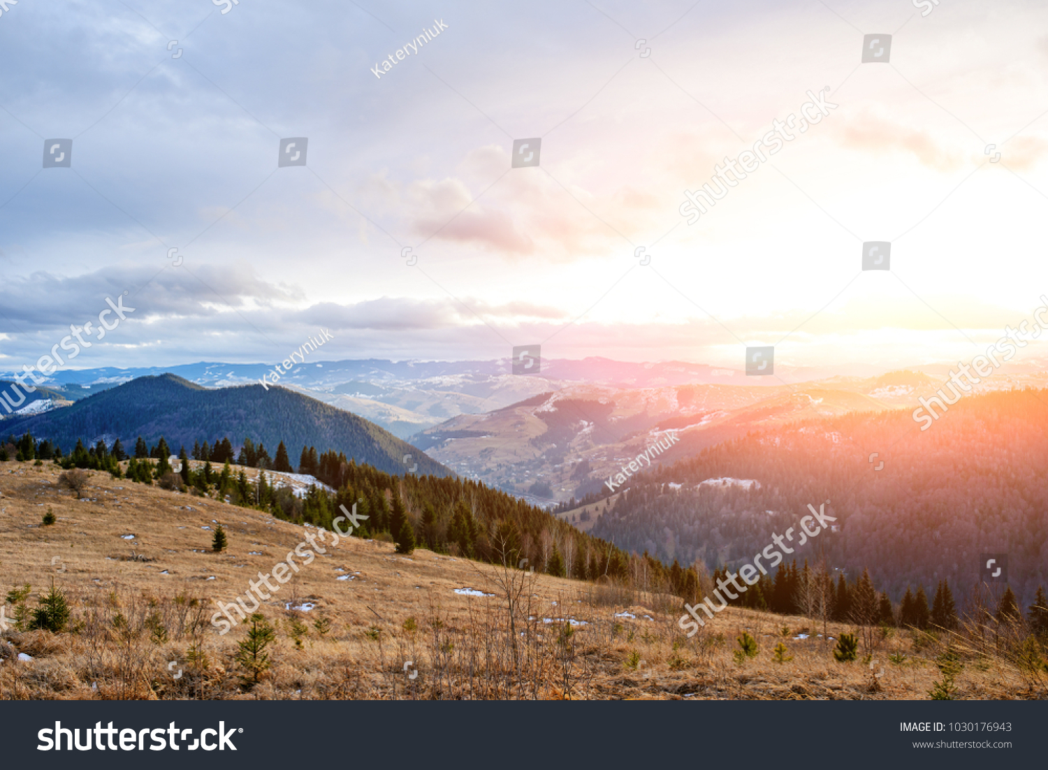 Scenic winter view on top of the Carpathian mountain. #1030176943