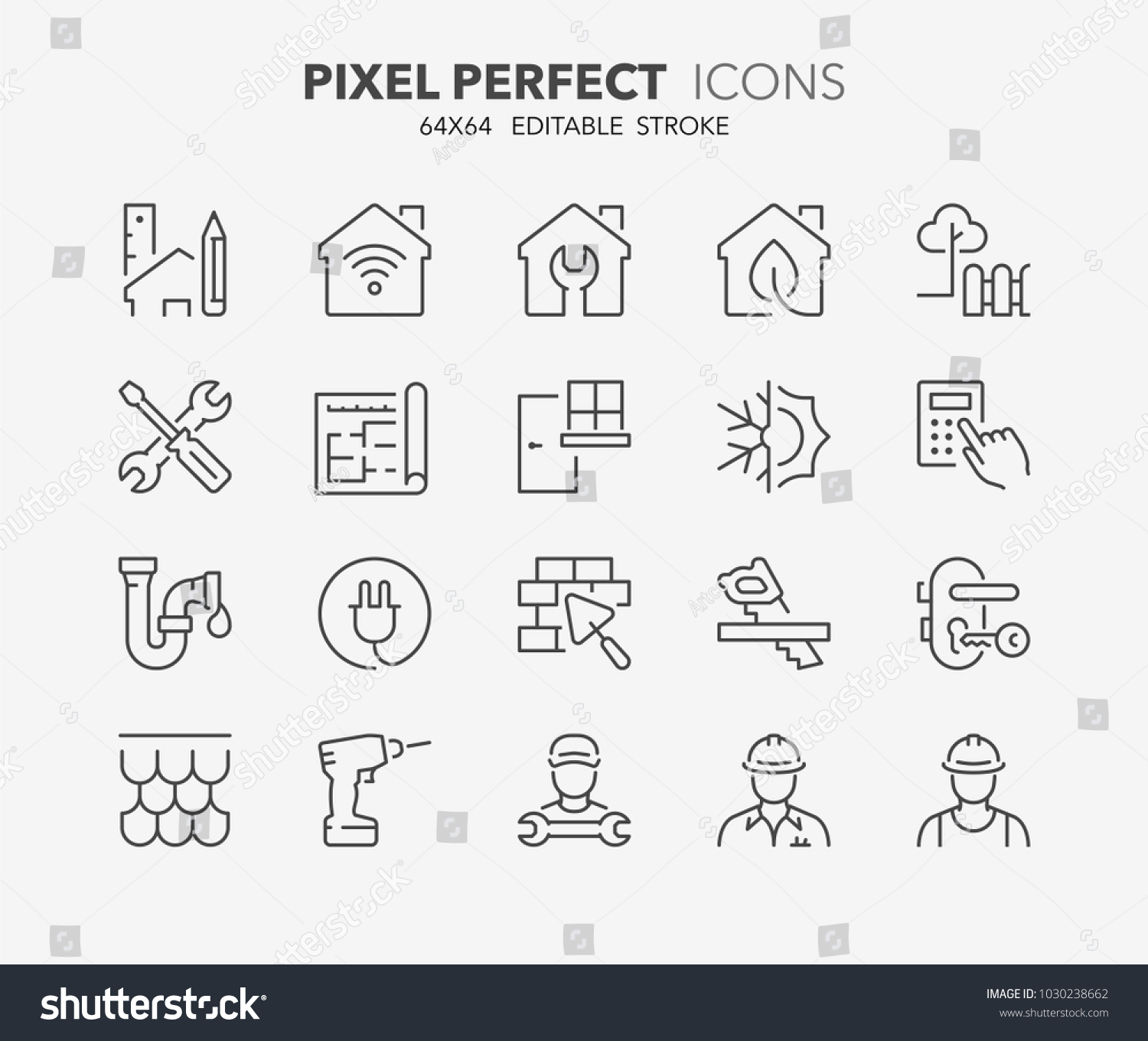 Thin line icons set of renovation, improvement and repair. Outline symbol collection. Editable vector stroke. 64x64 Pixel Perfect. #1030238662