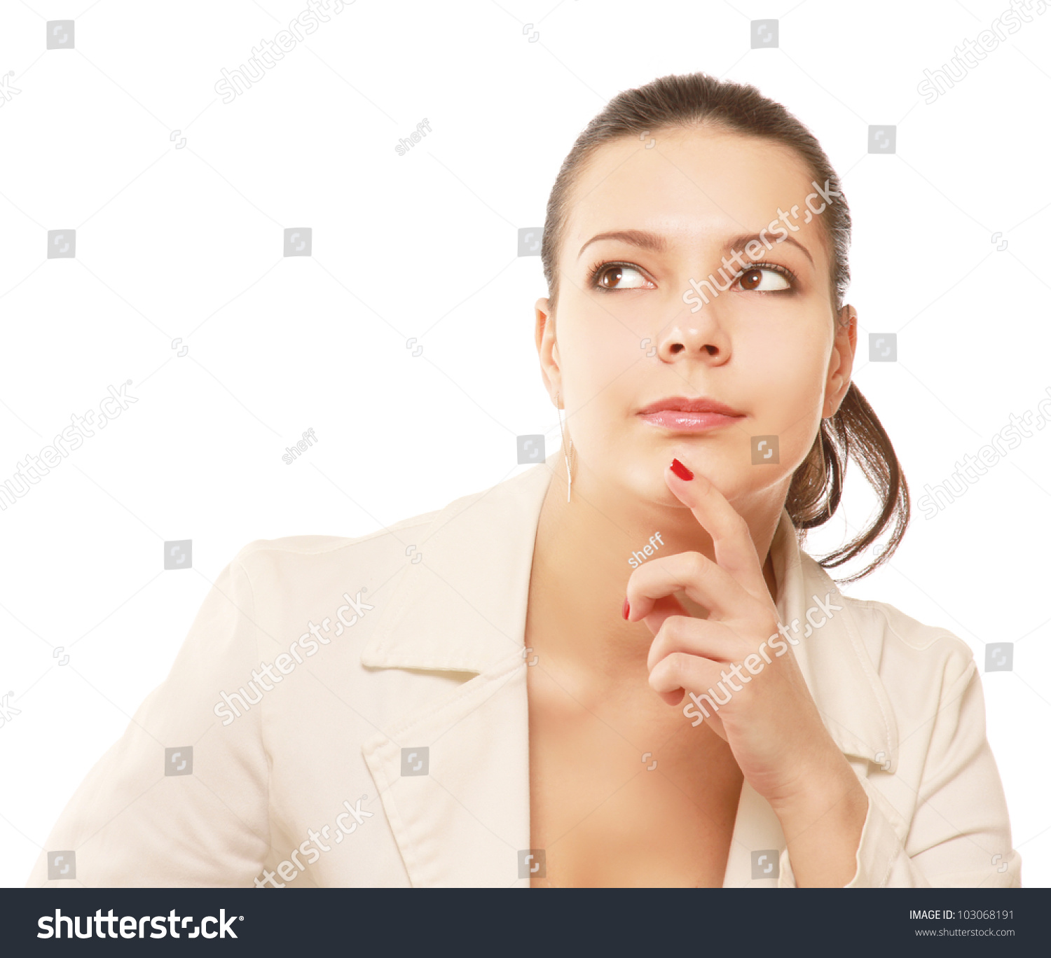 A pensive young woman at the desk - Royalty Free Stock Photo 103068191 ...