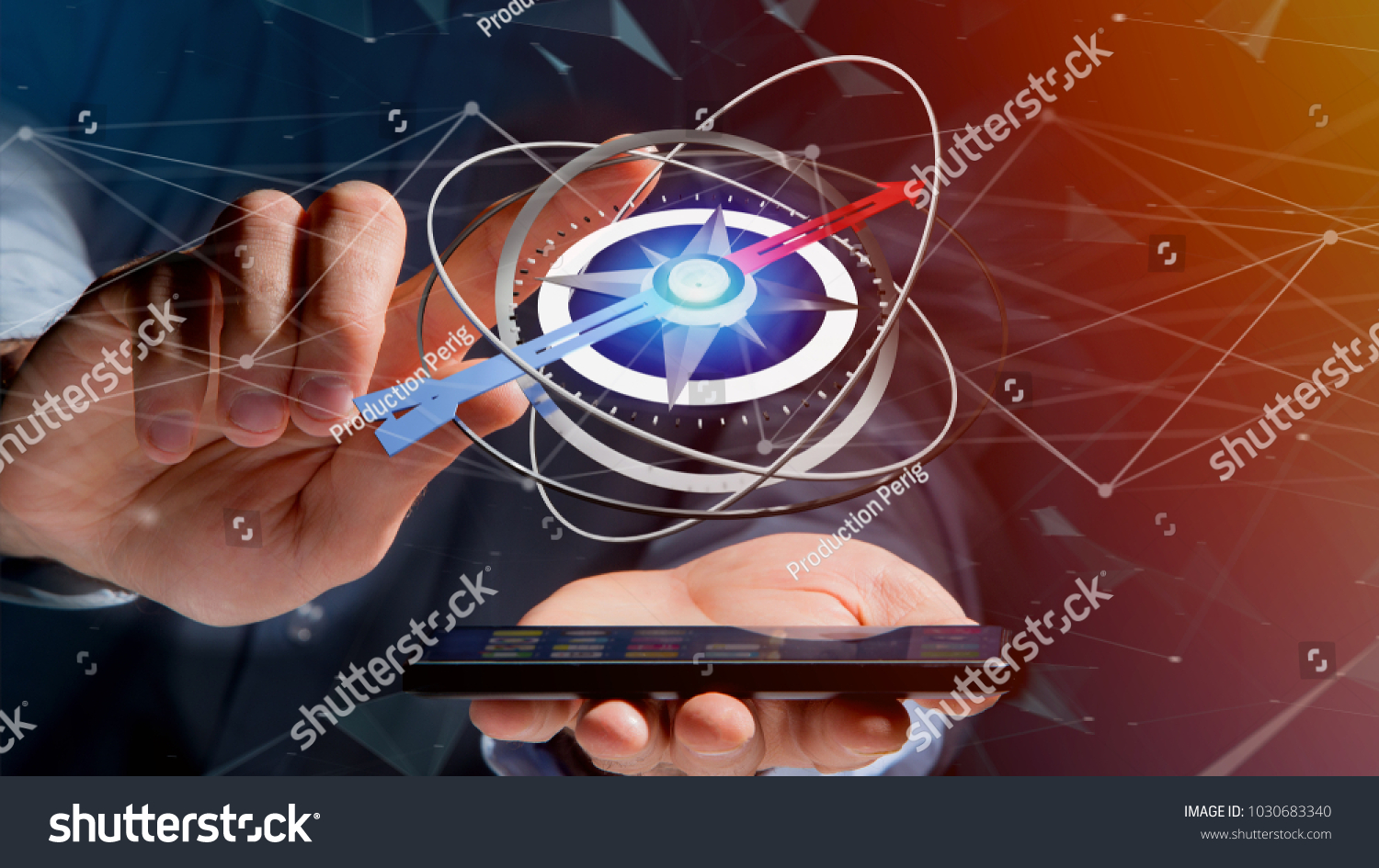 View of a Business man using a navigation compass on a smartphone - 3d rendered #1030683340