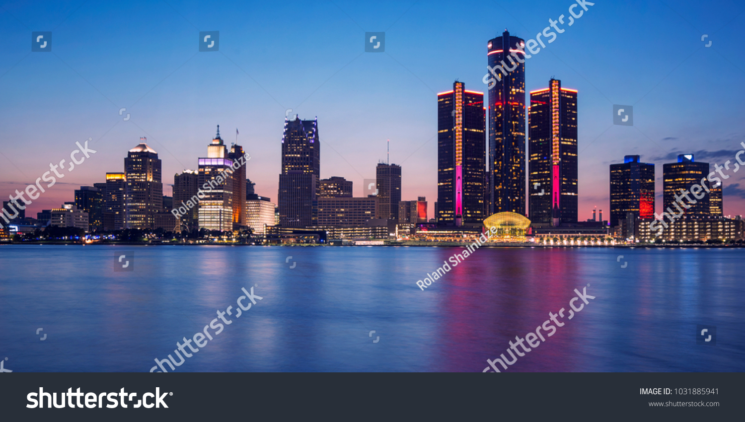 Blue hour of Detroit Skyline from Windsor, Ontario, Canada.  #1031885941