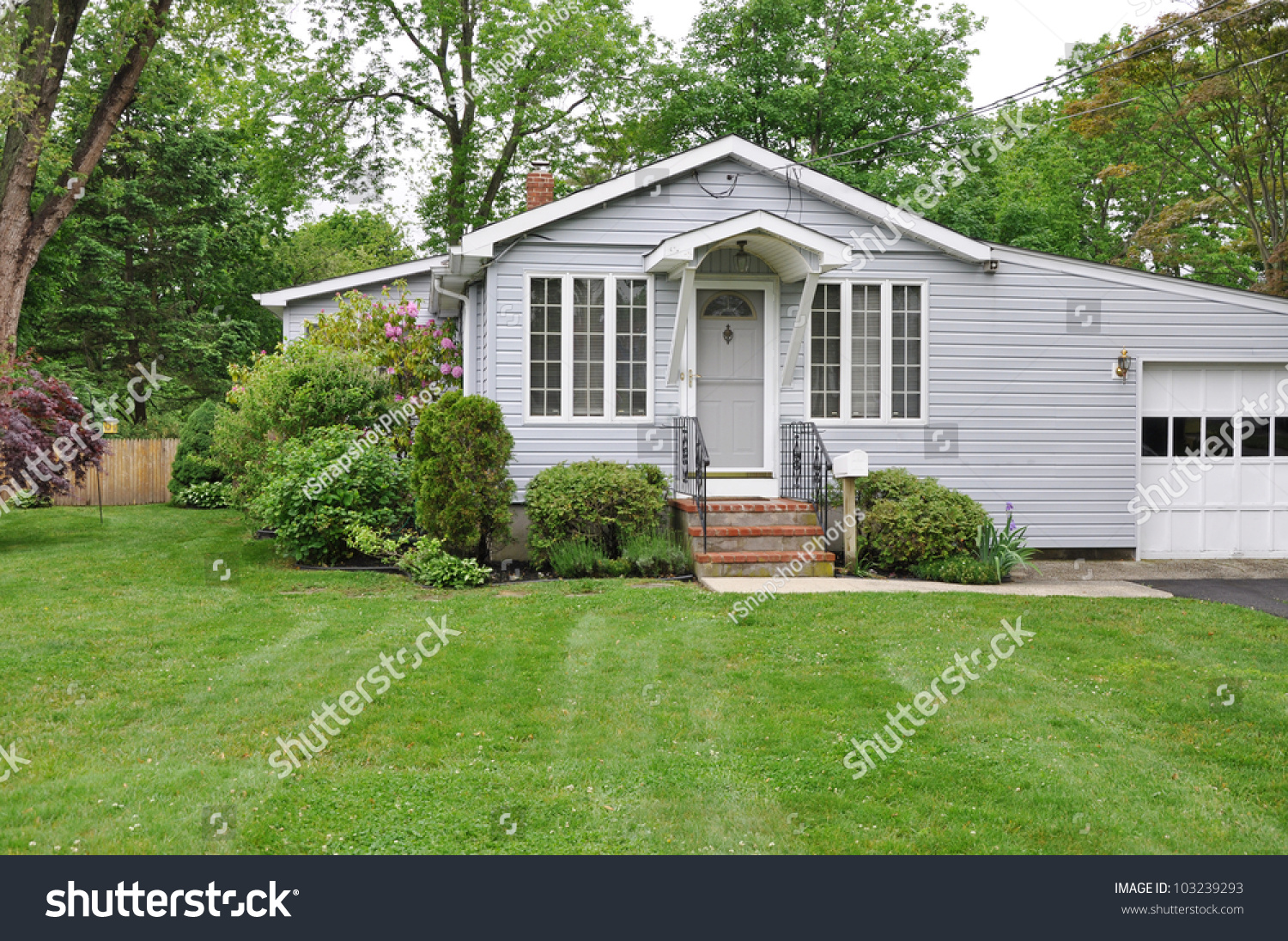 Suburban Home Residential District Neighborhood Landscaped front yard alarm windows #103239293