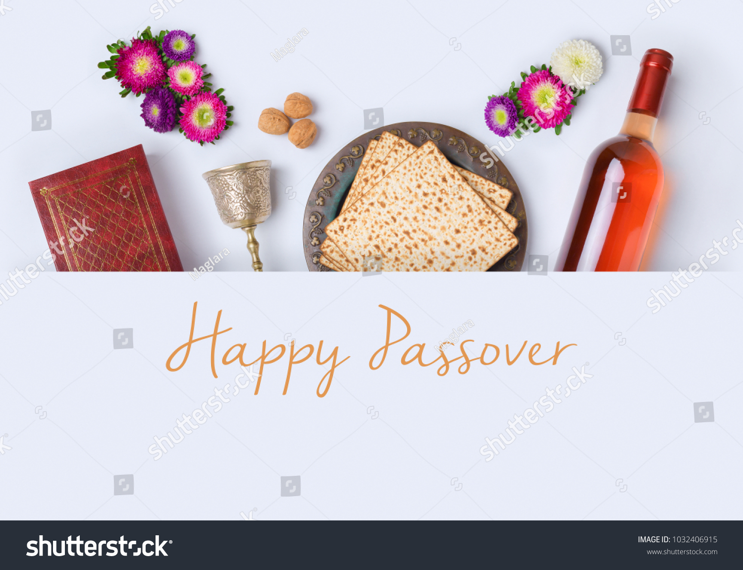 Jewish holiday Passover banner design with wine, matzo and seder plate on white background. View from above. Flat lay #1032406915