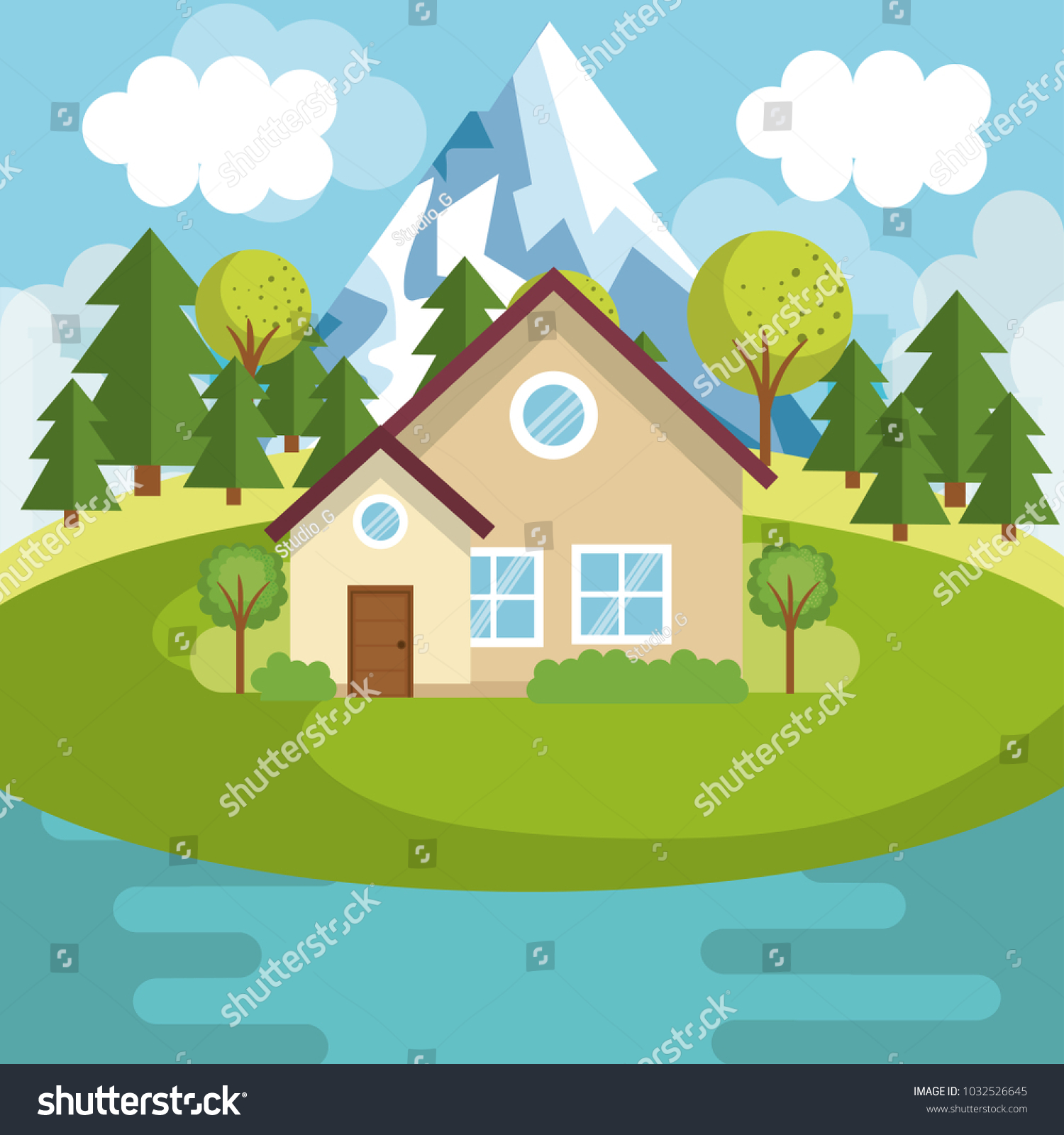 landscape with house and lake scene #1032526645