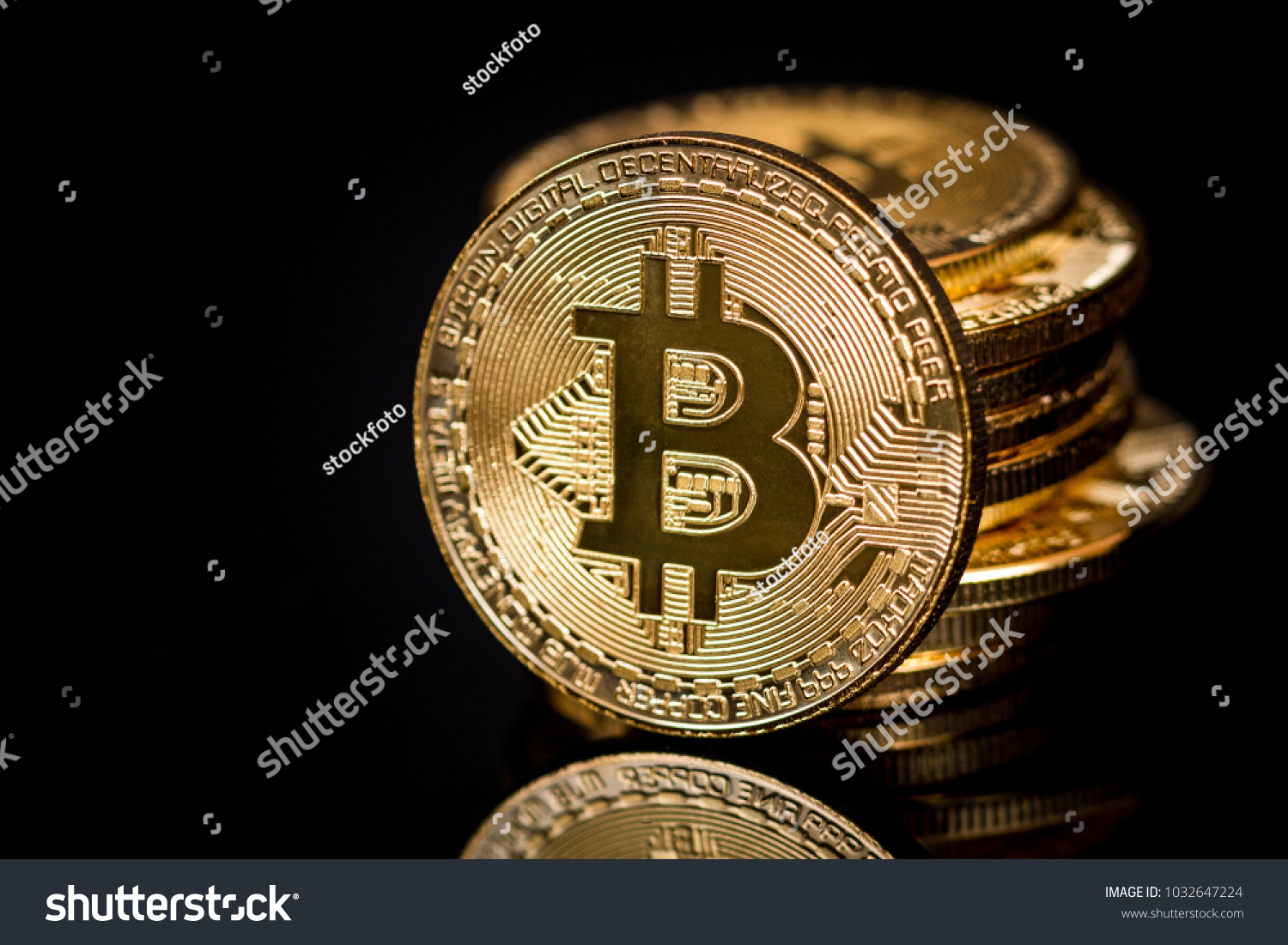 New virtual money crypto currency golden Bitcoin od black background.  #1032647224