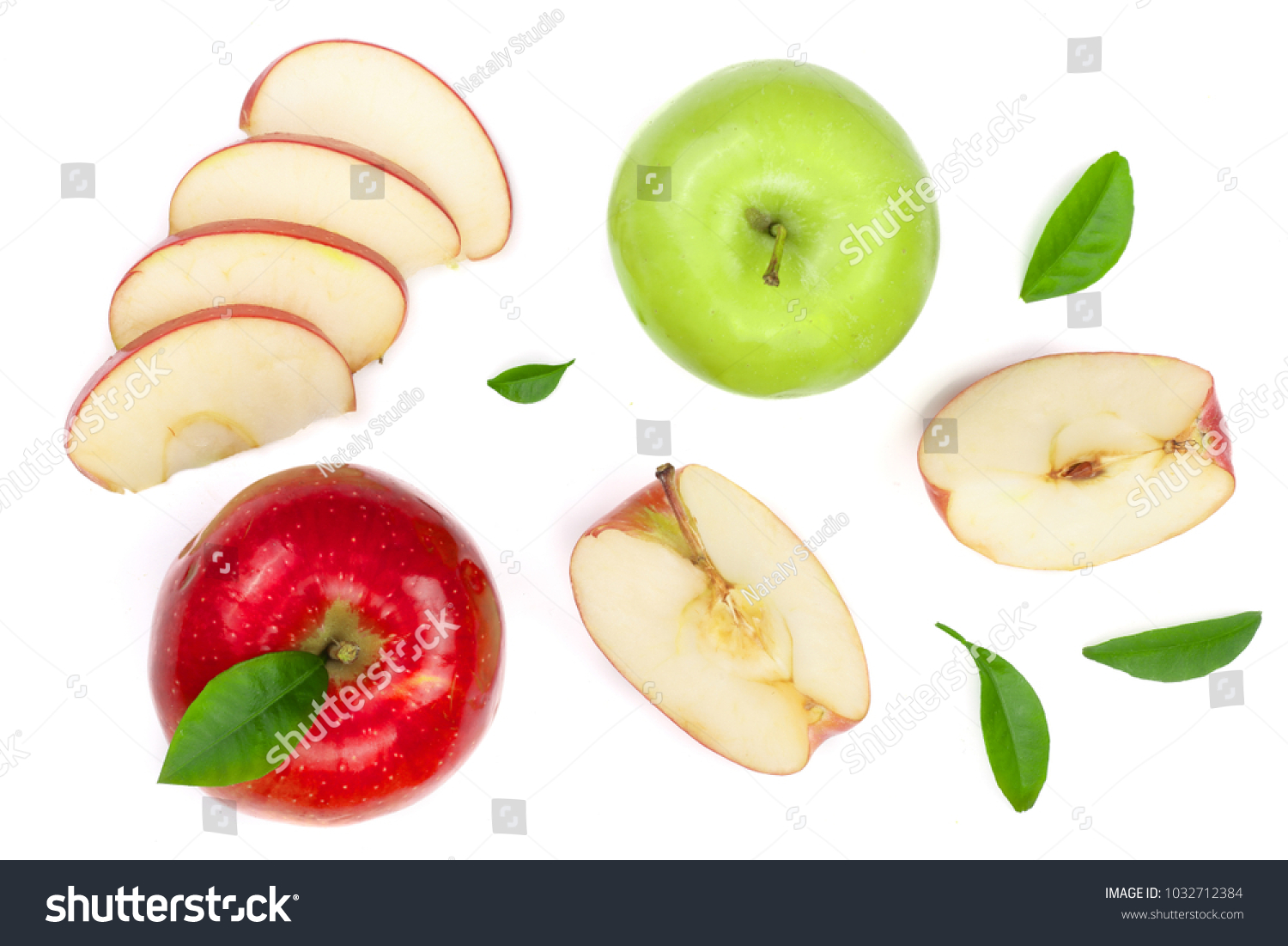 red and green apples with slices and leaves isolated on white background top view. Set or collection. Flat lay pattern #1032712384