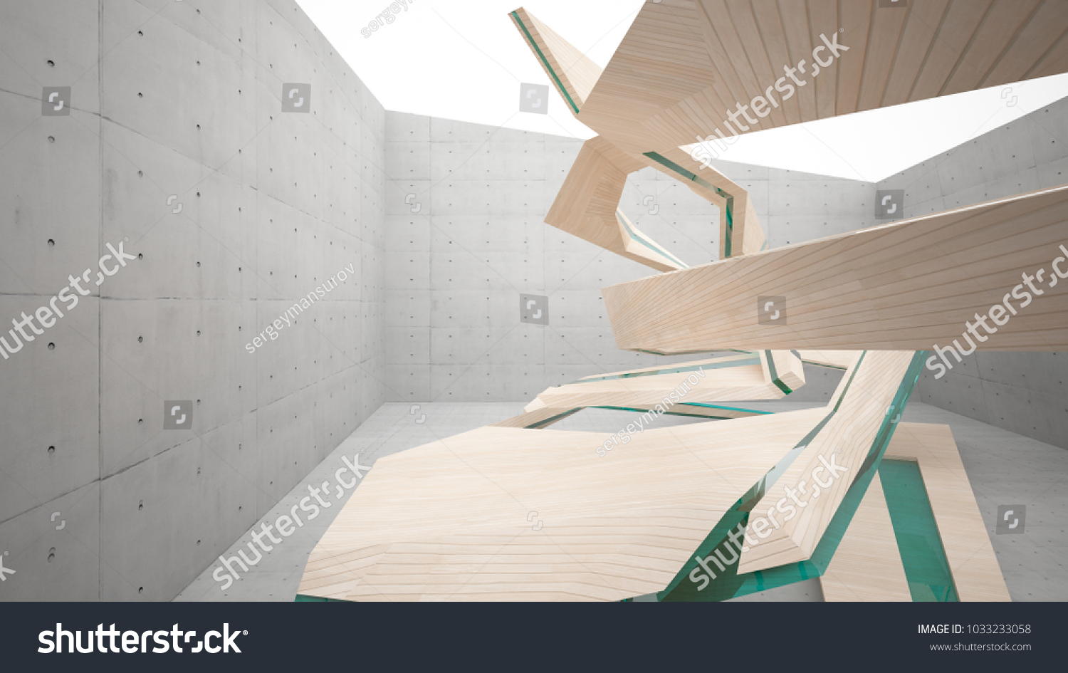 Abstract  concrete and wood parametric interior  with window. 3D illustration and rendering. #1033233058