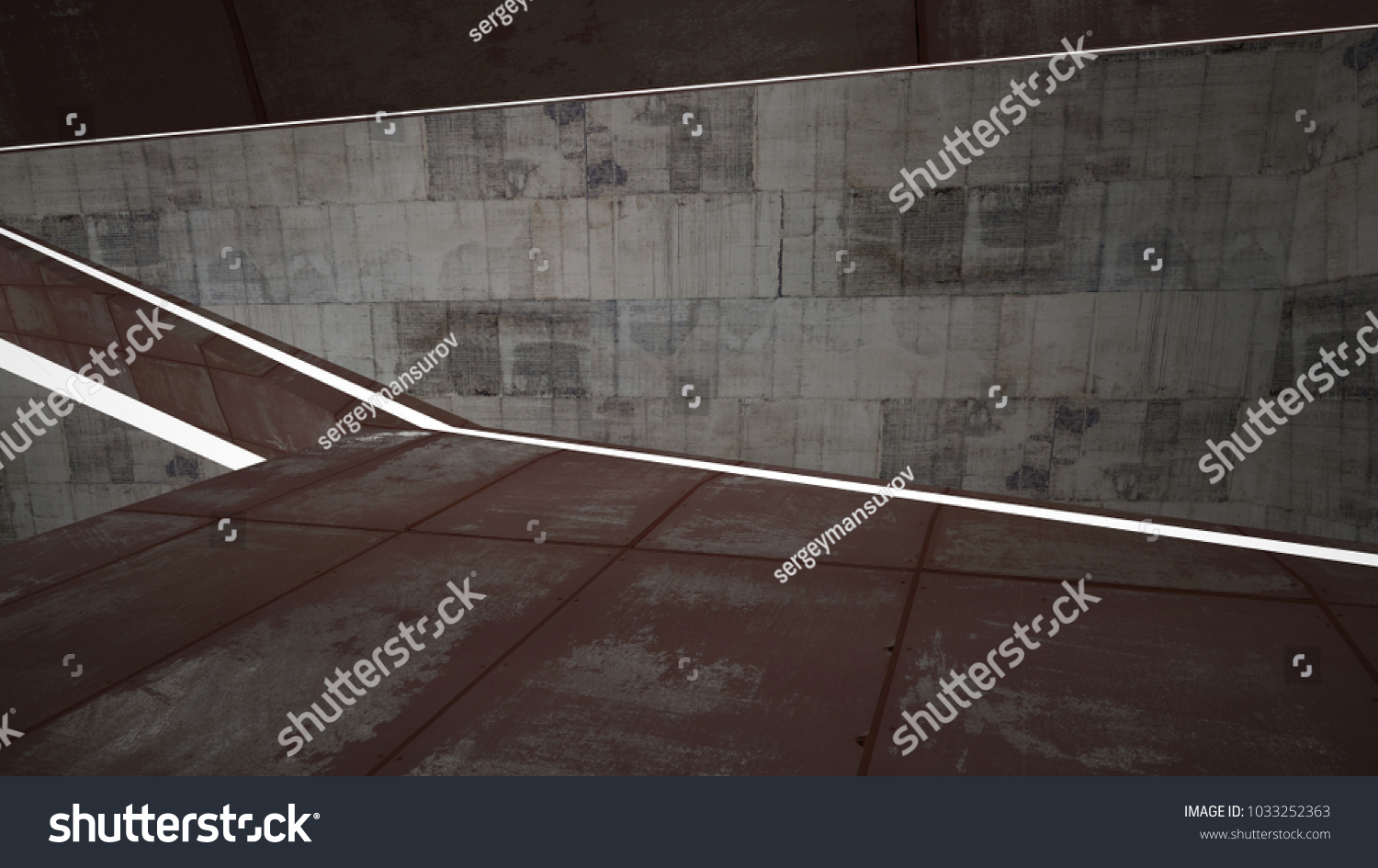 Empty smooth abstract room interior of sheets rusted metal and brown concrete. Architectural background. Night view of the illuminated. 3D illustration and rendering #1033252363