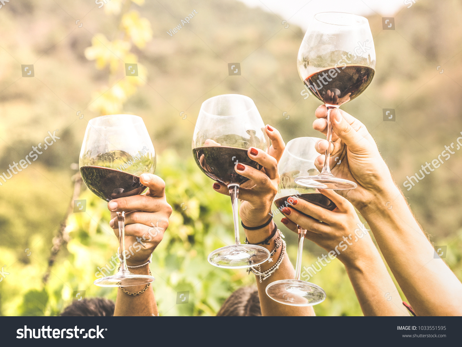 Hands toasting red wine glass and friends having fun cheering at winetasting experience - Young people enjoying harvest time together at farmhouse vineyard countryside - Youth and friendship concept #1033551595