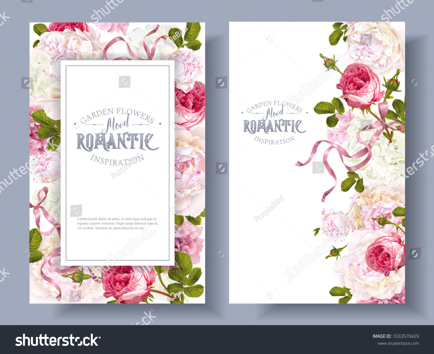 Vector vintage floral banners with peony, hydrangea, rose flowers and ribbon. Romantic design for natural cosmetics, perfume, women products. Can be used as greeting card. Best for wedding invitation #1033570429