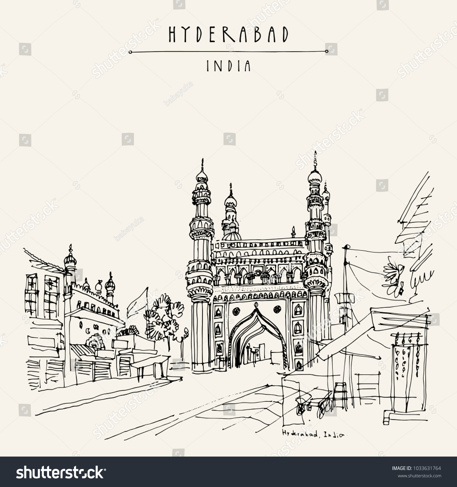 Hyderabad, Telangana state, India. Charminar - famous historical mosque. Travel sketch. Vintage hand drawn Ramadan Kareem or Idul Fitri celebration postcard or poster. Vector book illustration #1033631764