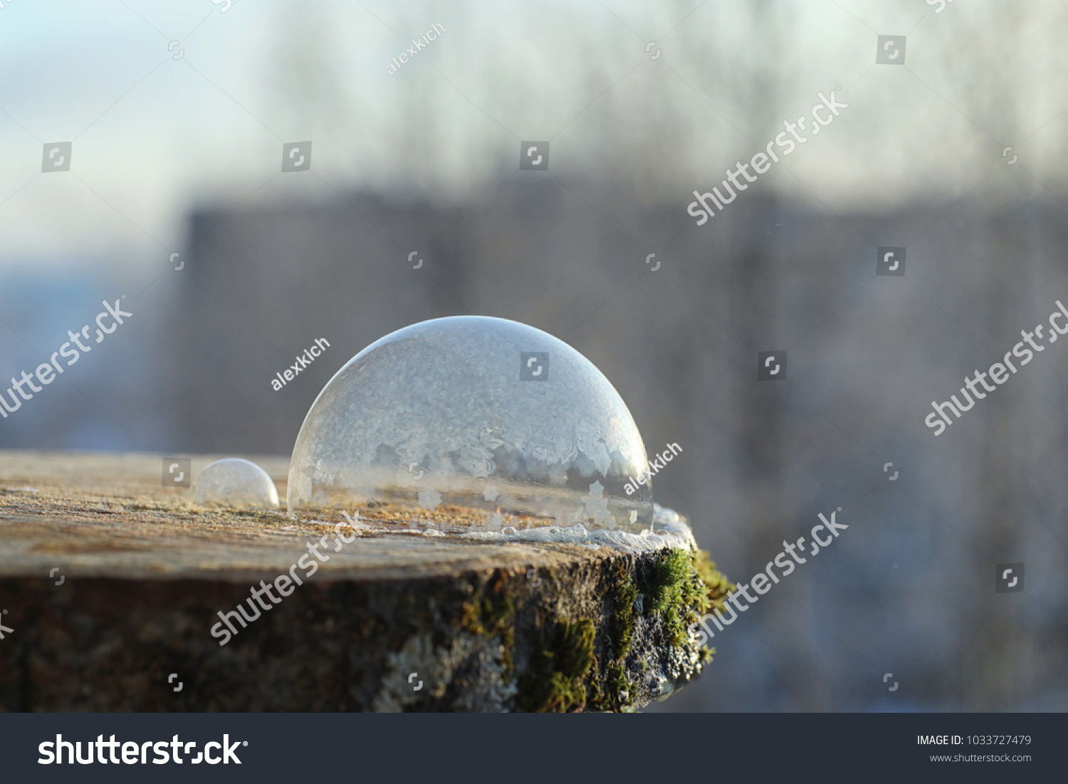 Soap bubbles freeze in the cold. Winter soapy water freezes in air. #1033727479