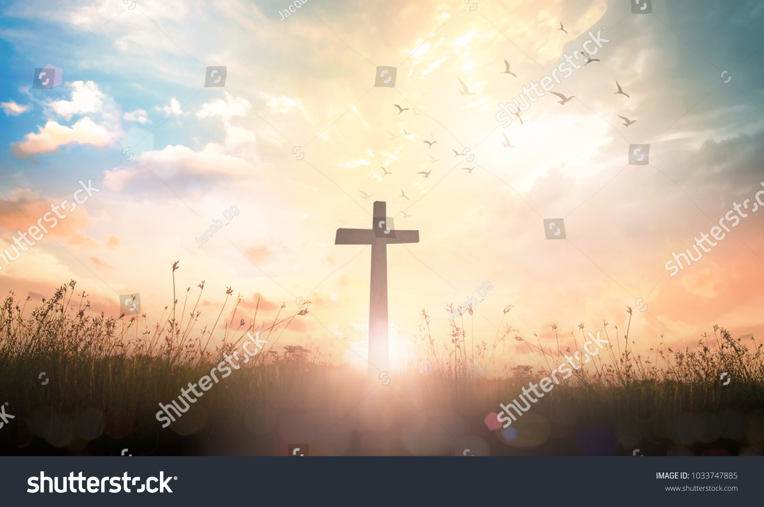 Easter Religious concept: Silhouette cross and birds flying on meadow autumn sunrise #1033747885