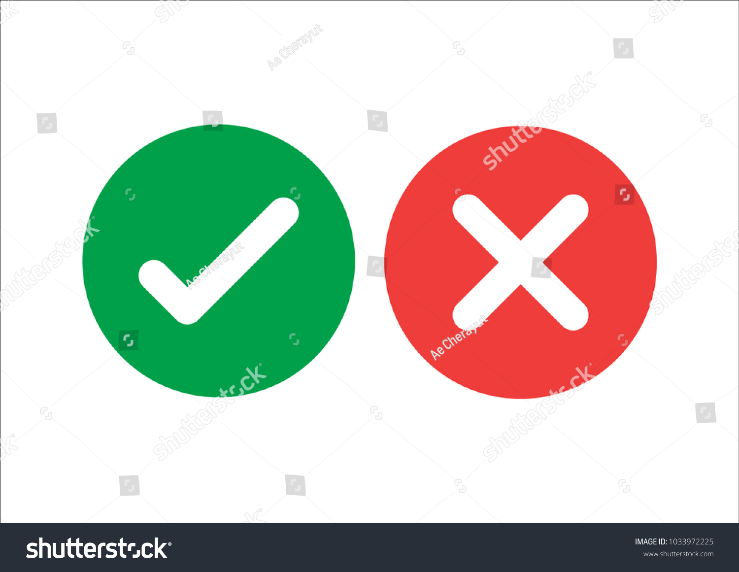 Checkmark icons set. Tick and cross sign. Green check mark and red X cross icon isolated on white background. Simple marks graphic flat design. Circle shape YES and NO button. Vector illustration. #1033972225