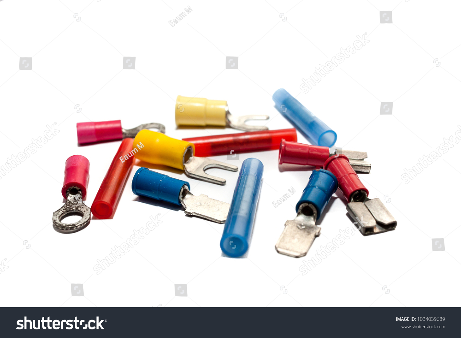 Electrical wire connector, Butt Splice connector, Ferrules, Fork Terminal, Pin Terminal, Ring Terminal, Wire Disconnect on white background. #1034039689