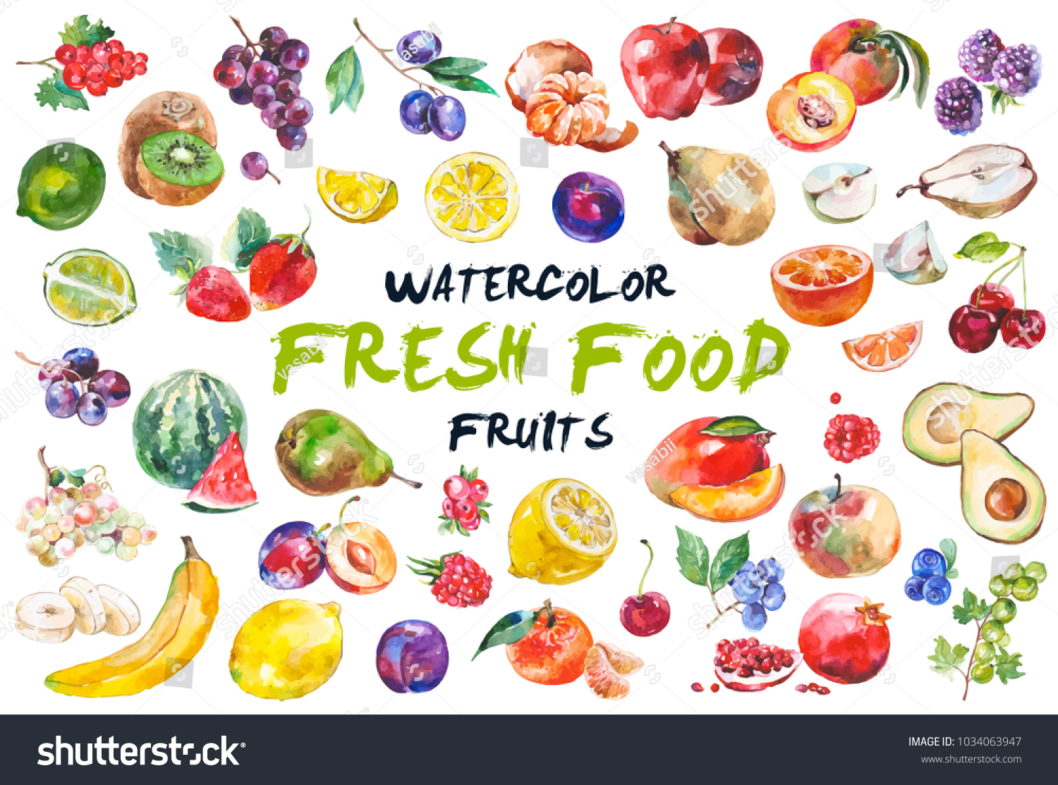 Watercolor painted collection of fruits. Hand drawn fresh food design elements isolated on white background. #1034063947