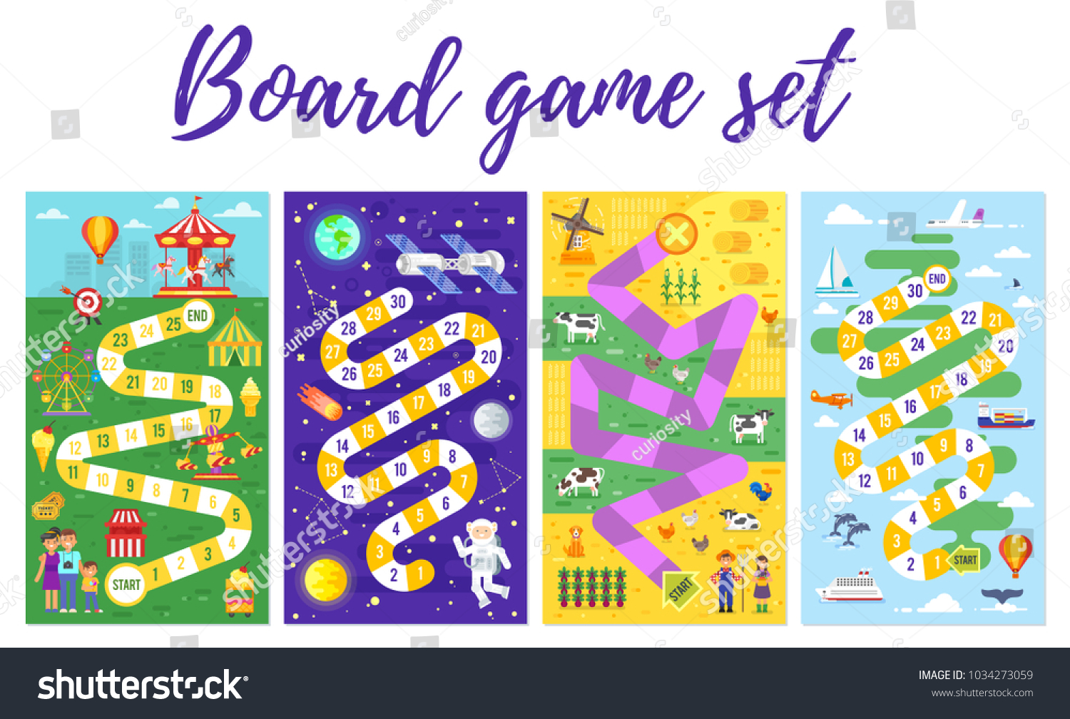 Vector flat style set of kids colorful boardgame template; amusement park, space, farm and travel theme game. For print. Vertical composition.

 #1034273059