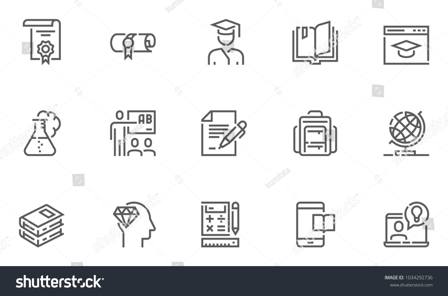 School and University Vector Flat Line Icons Set. Study, Learning, Knowledge, Chemistry, Globe, Classroom, Auditorium. Editable Stroke. 48x48 Pixel Perfect. #1034292736