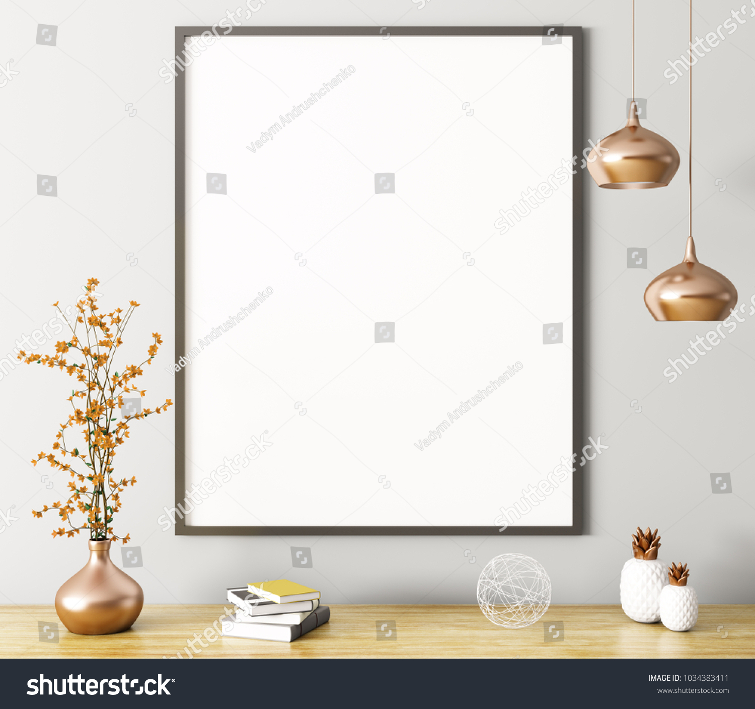 Wall decoration, poster and vase on the shelf, interior background 3d rendering #1034383411