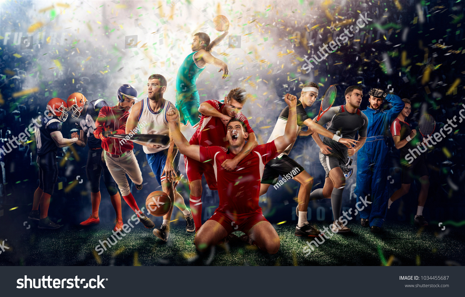successful football, soccer, basketball, baseball, tennis players, cars, boxing fighters on professional 3D basketball court arena in lights with confetti, serpantine and smoke. collage, multi ,sport #1034455687