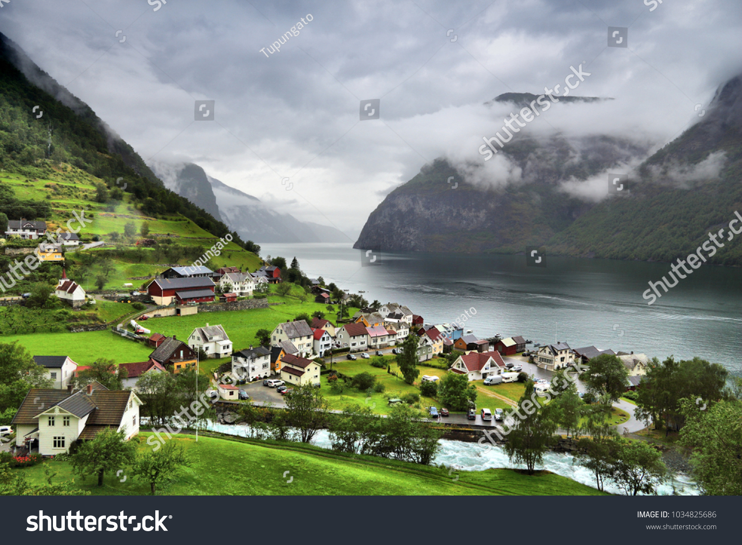 Norway fiord landscape - Aurlandsfjord, part of Sognefjord. Town of Undredal. #1034825686