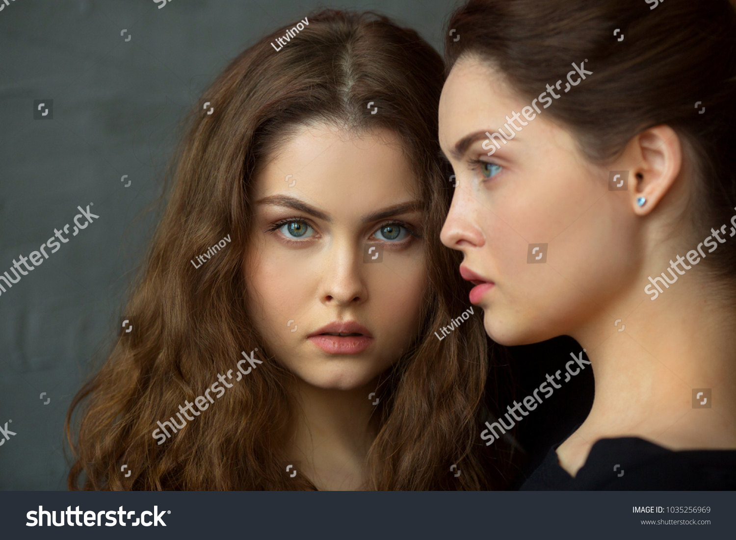 portrait of two beautiful young girls of twin sisters with flowing hair #1035256969