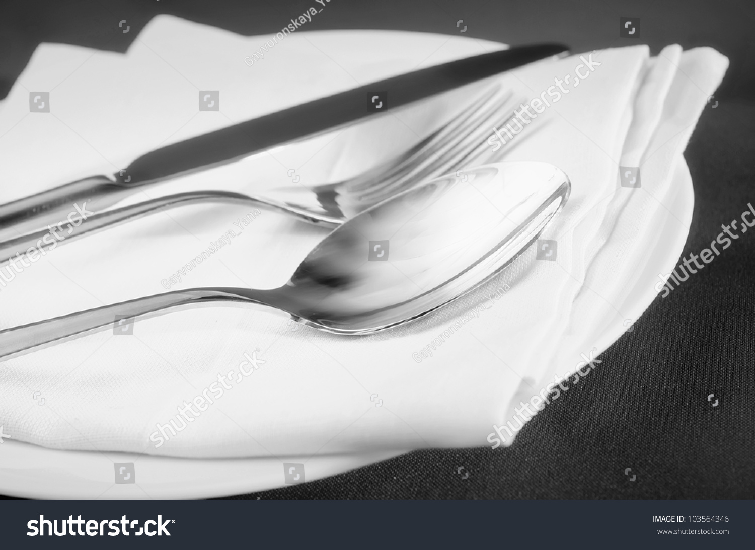 spoon, fork and knife on white plate #103564346