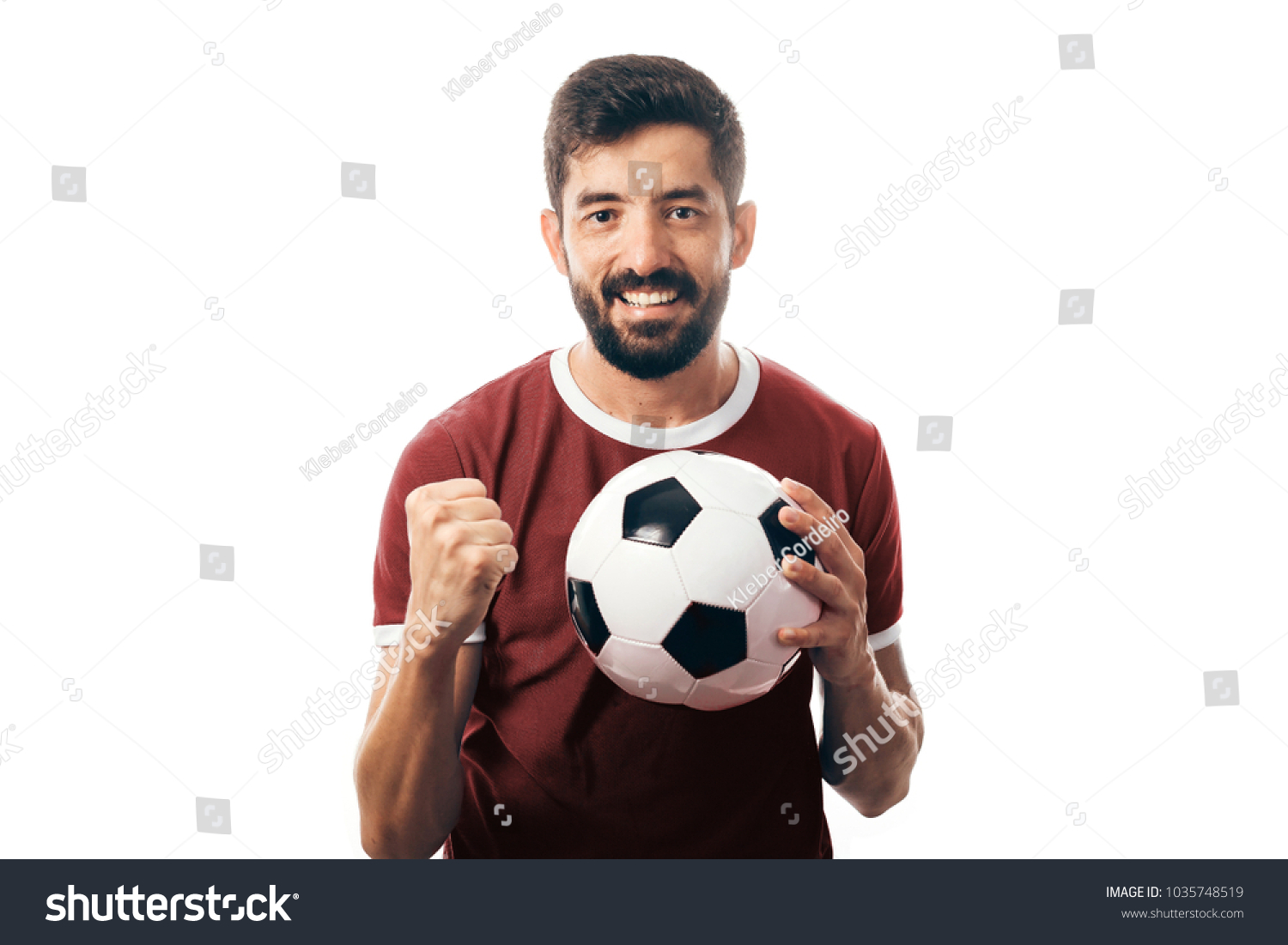 Fan or sport player on red uniform celebrating on white background #1035748519