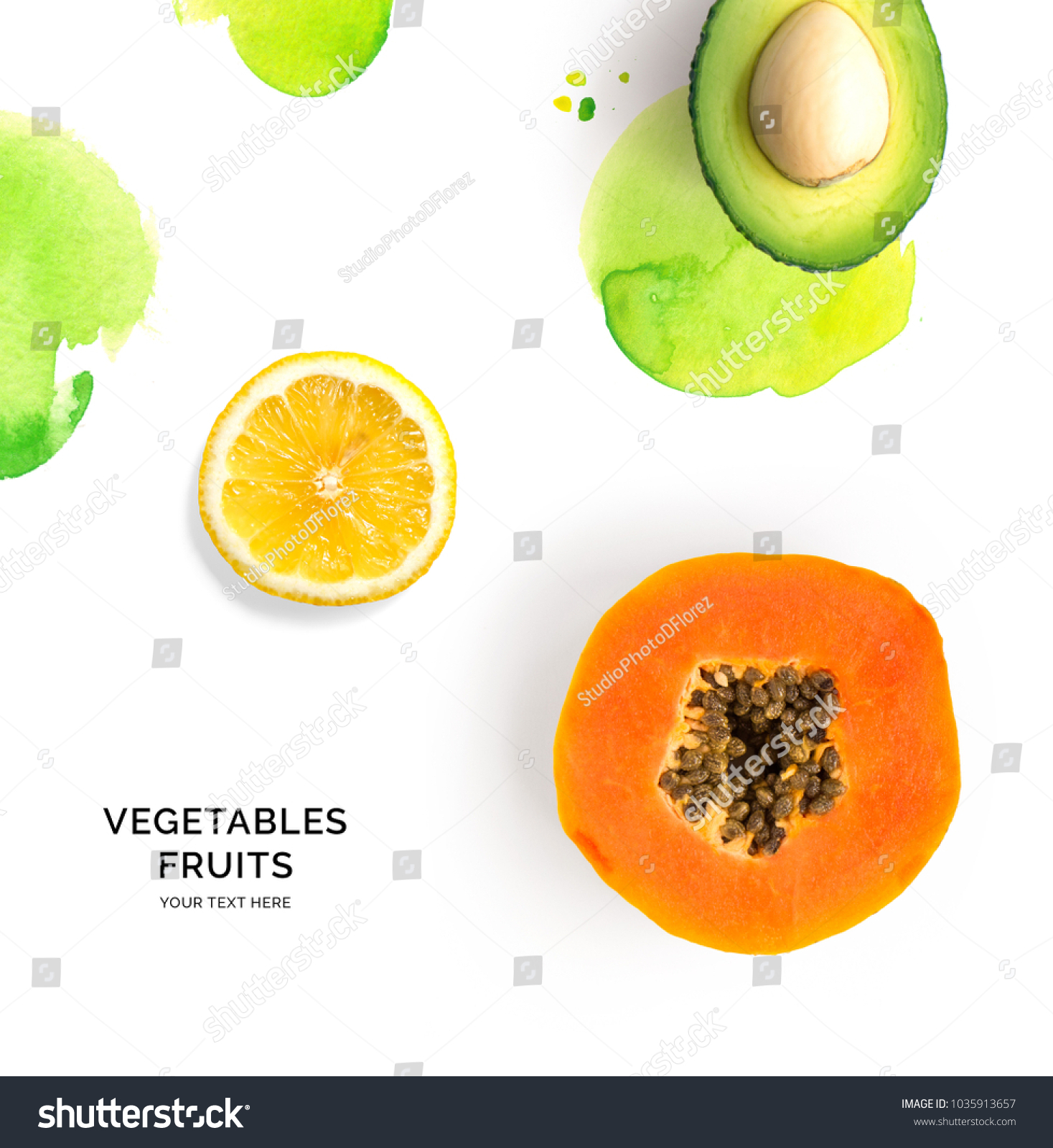 Creative layout made of papaya, avocado and lemon on the white background. Flat lay. Food concept. #1035913657