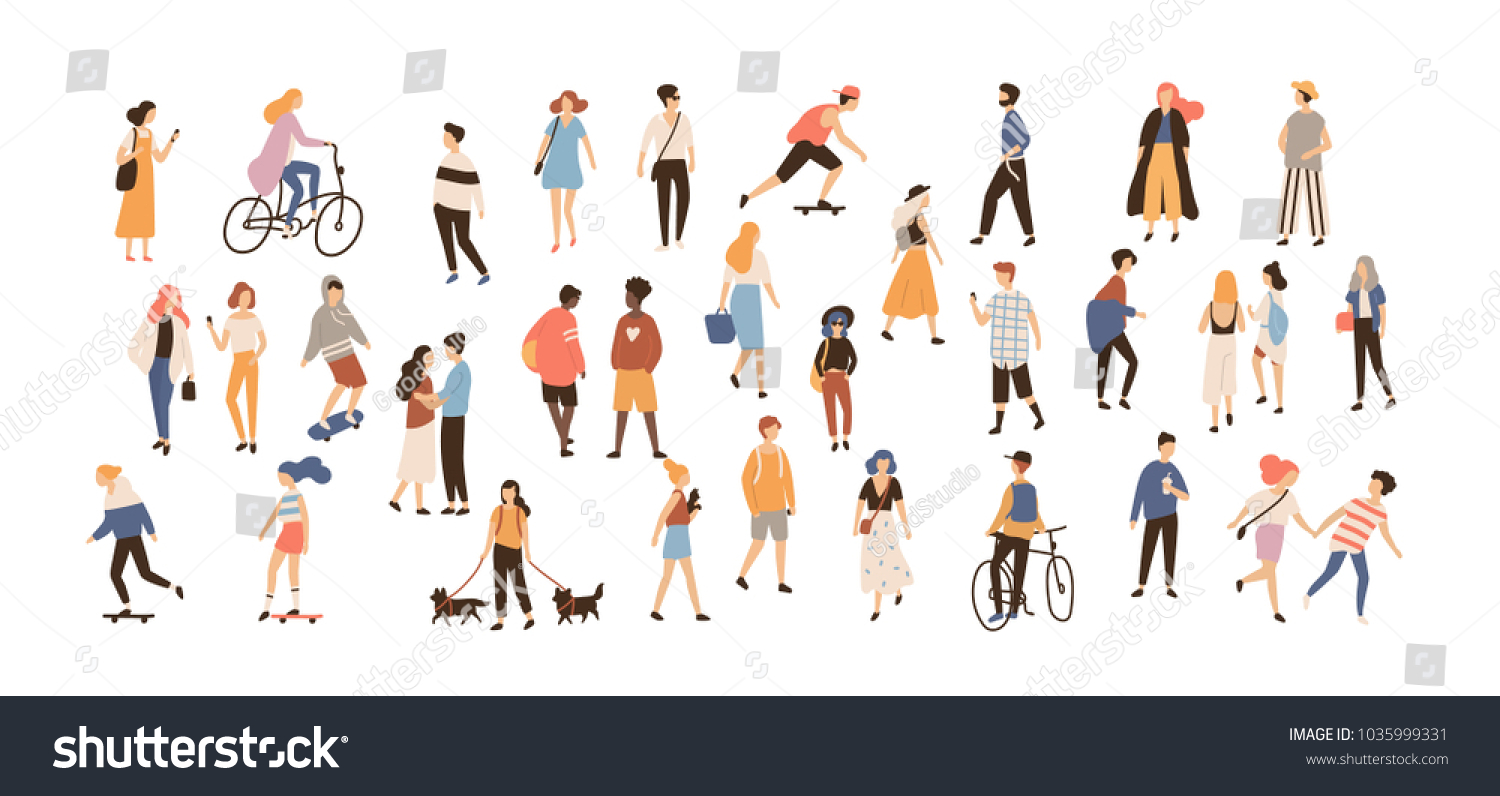 Crowd of people performing summer outdoor activities - walking dogs, riding bicycle, skateboarding. Group of male and female flat cartoon characters isolated on white background. Vector illustration. #1035999331