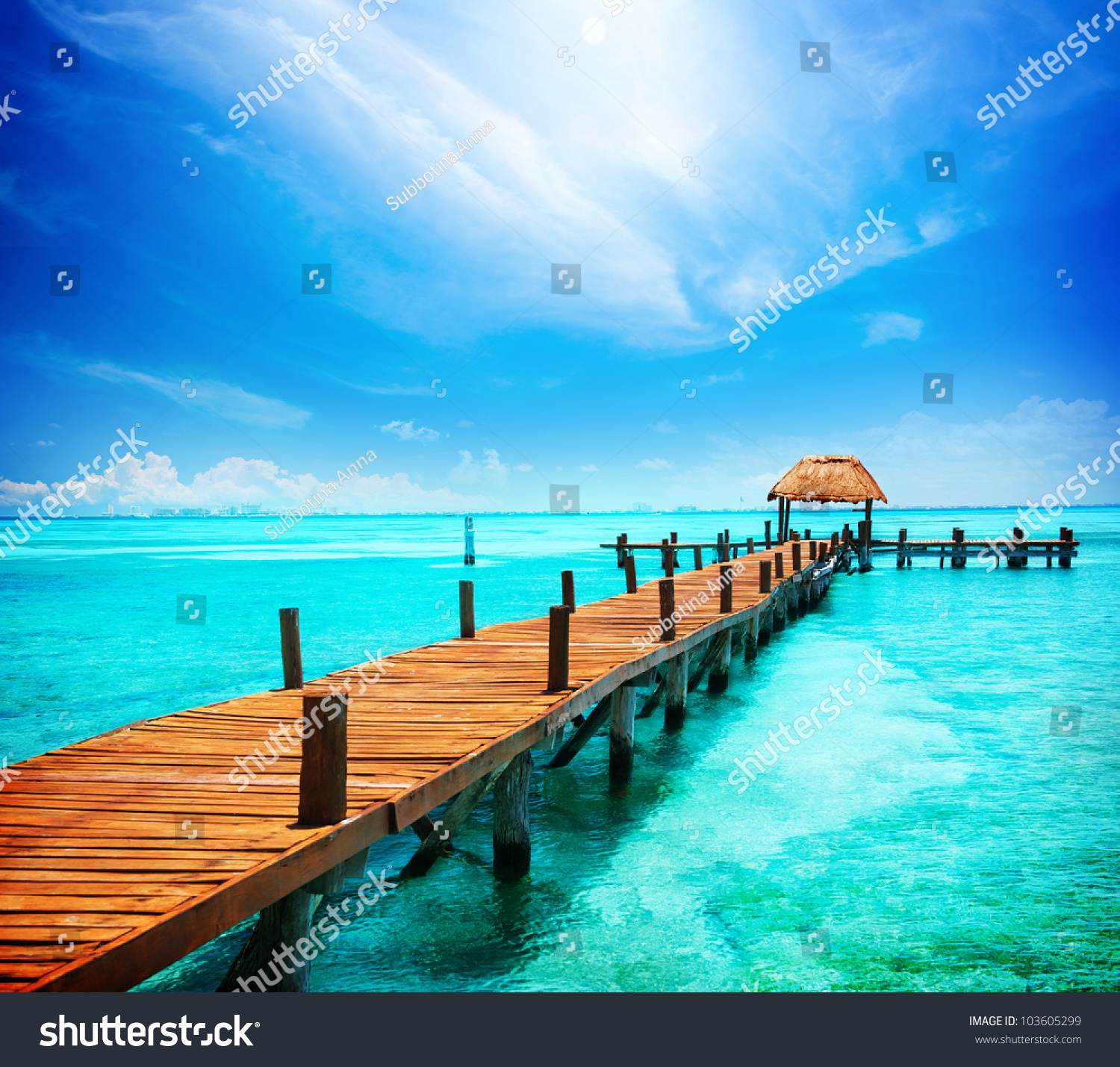 Paradise. Vacations And Tourism Concept. Tropical Resort. Jetty on Isla Mujeres, Mexico,Cancun #103605299