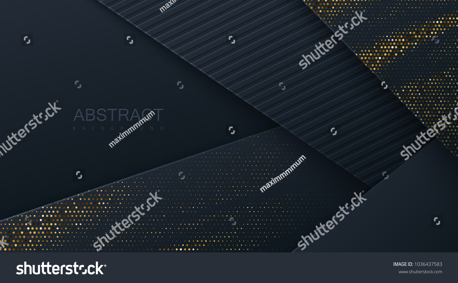 Abstract 3d background with black paper layers. Vector geometric illustration of carbon sliced shapes textured with golden glittering dots. Graphic design element. Elegant decoration #1036437583