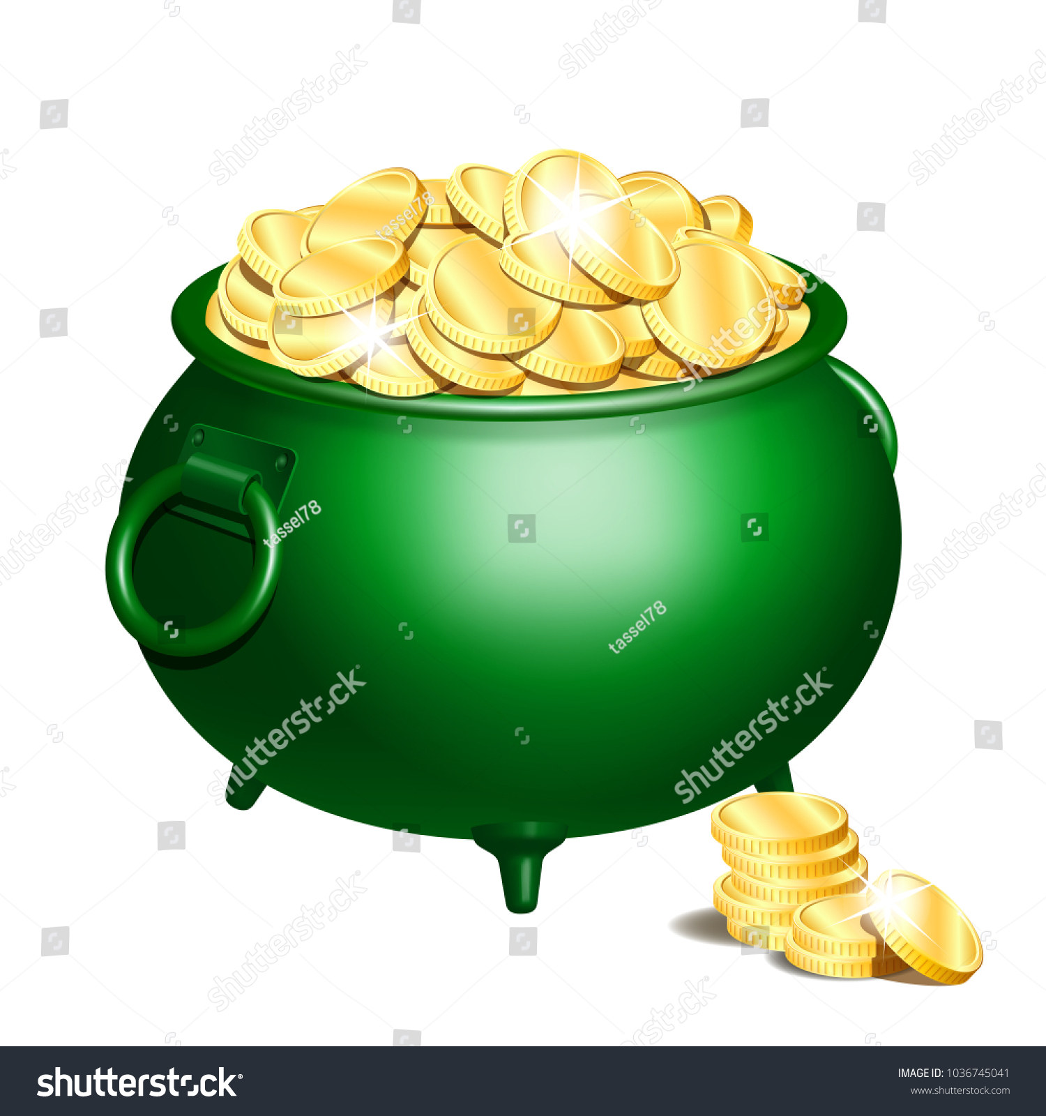 Green iron cauldron full of gold coins isolated on white background. Stack of gold coins near the green pot. St. Patricks Day symbol. Vector illustration. #1036745041